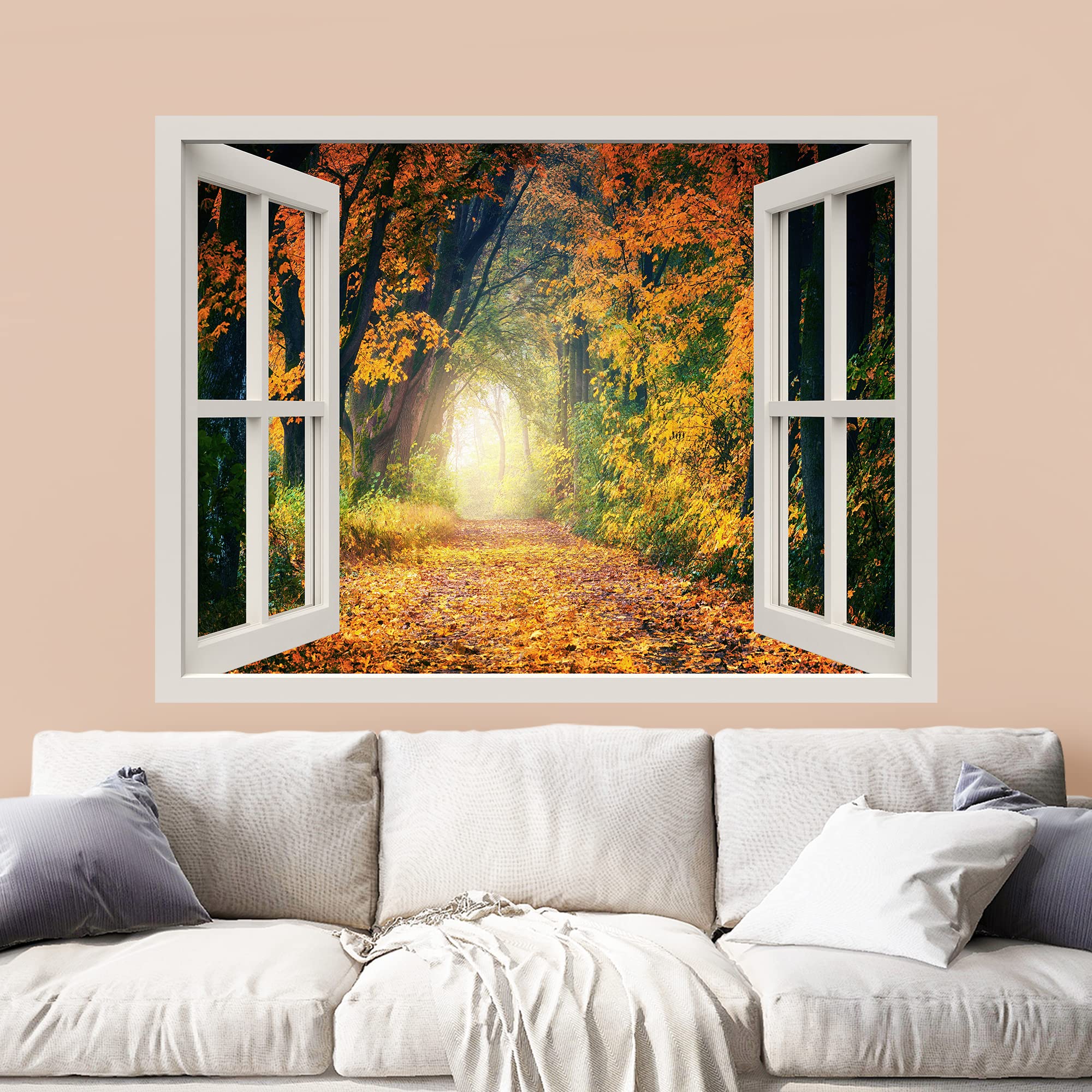 wall26 Removable Wall Sticker/Wall Mural Window View Path Through Autumn Fall Season Tree Forest Nature Wilderness Photography Realism Landscape Multicolor for Living Room  Bedroom  Office - 24''x32''