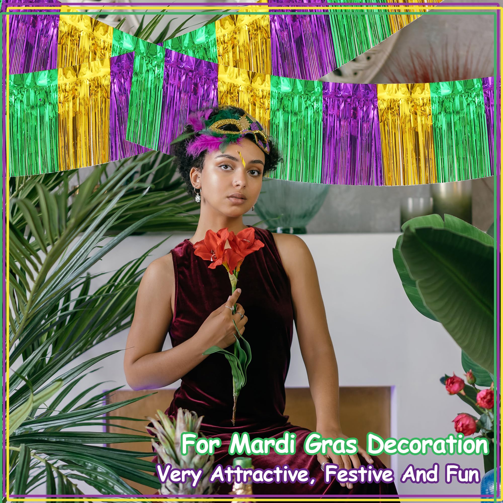 2 Pack 10 Feet Green Gold Purple Foil Fringe Garland Metallic Tinsel Streamers Banner Fringe Backdrop Banner for Parade Floats M