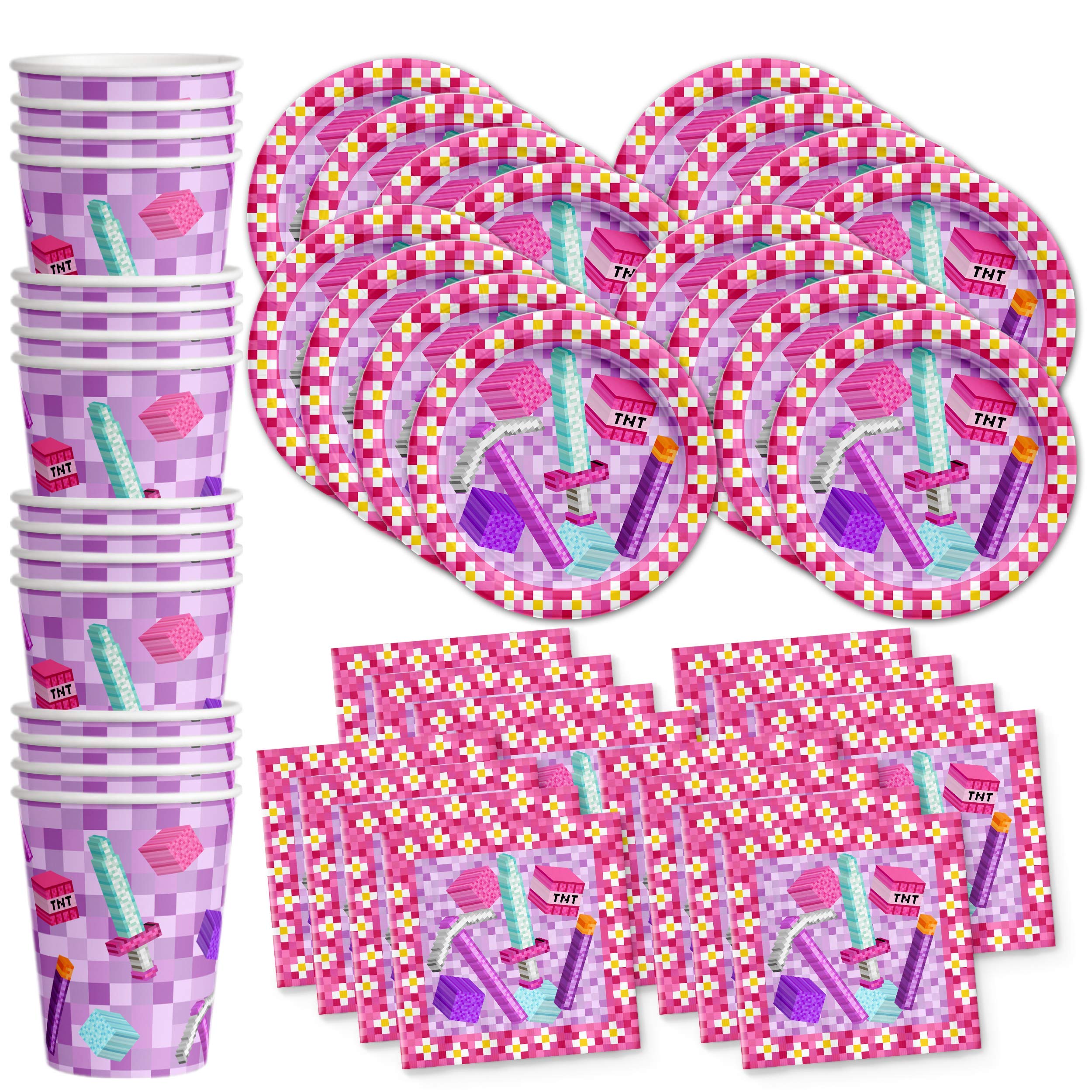Girl Pixel Mining Birthday Party Supplies Set Plates Napkins Cups Tableware Kit For 16