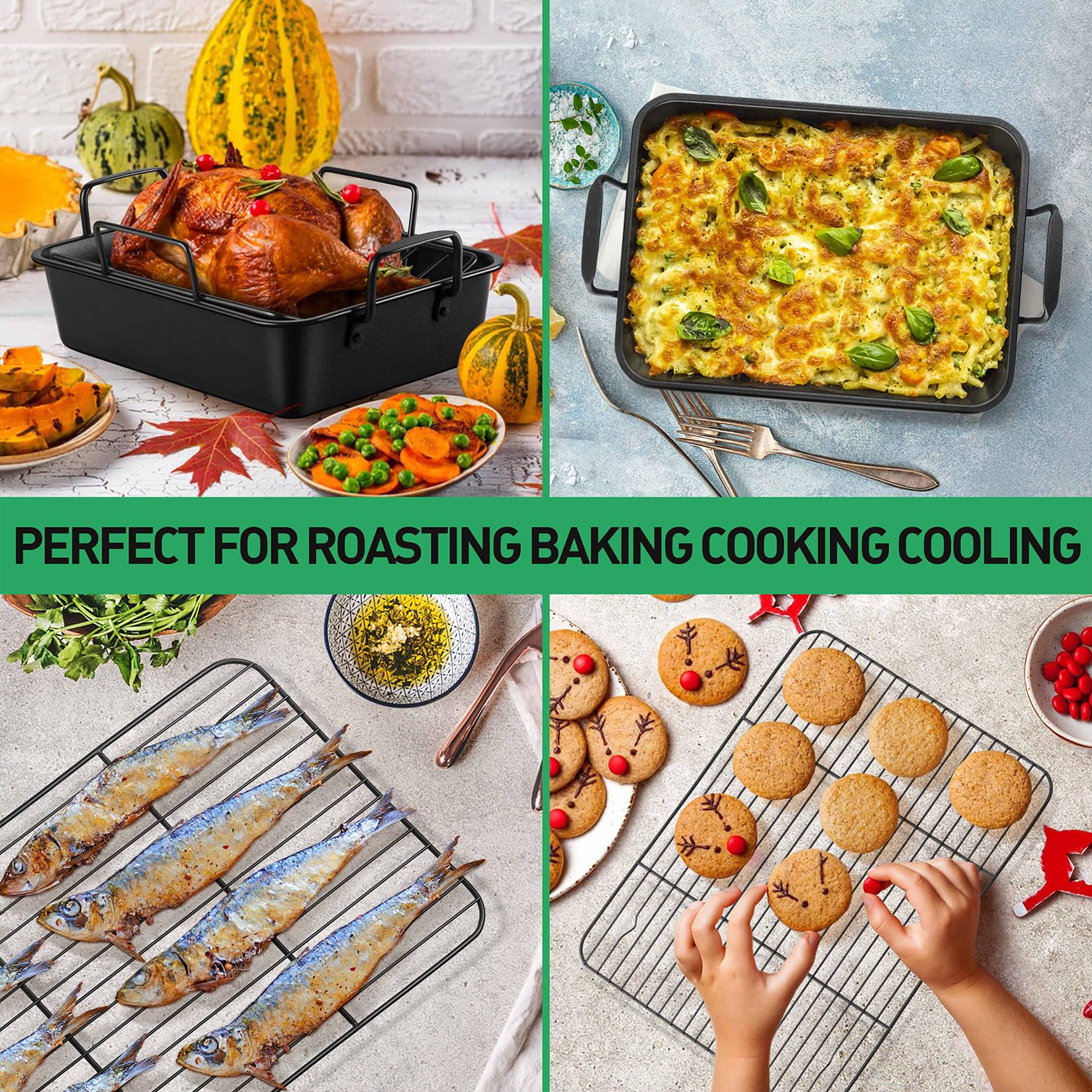 14 Inch Roasting Pan With Rack Set, P&P Chef Turkey Roaster Pan & V-Shape Baking Rack & Cooling Rack For Chicken Vegetable Lasag