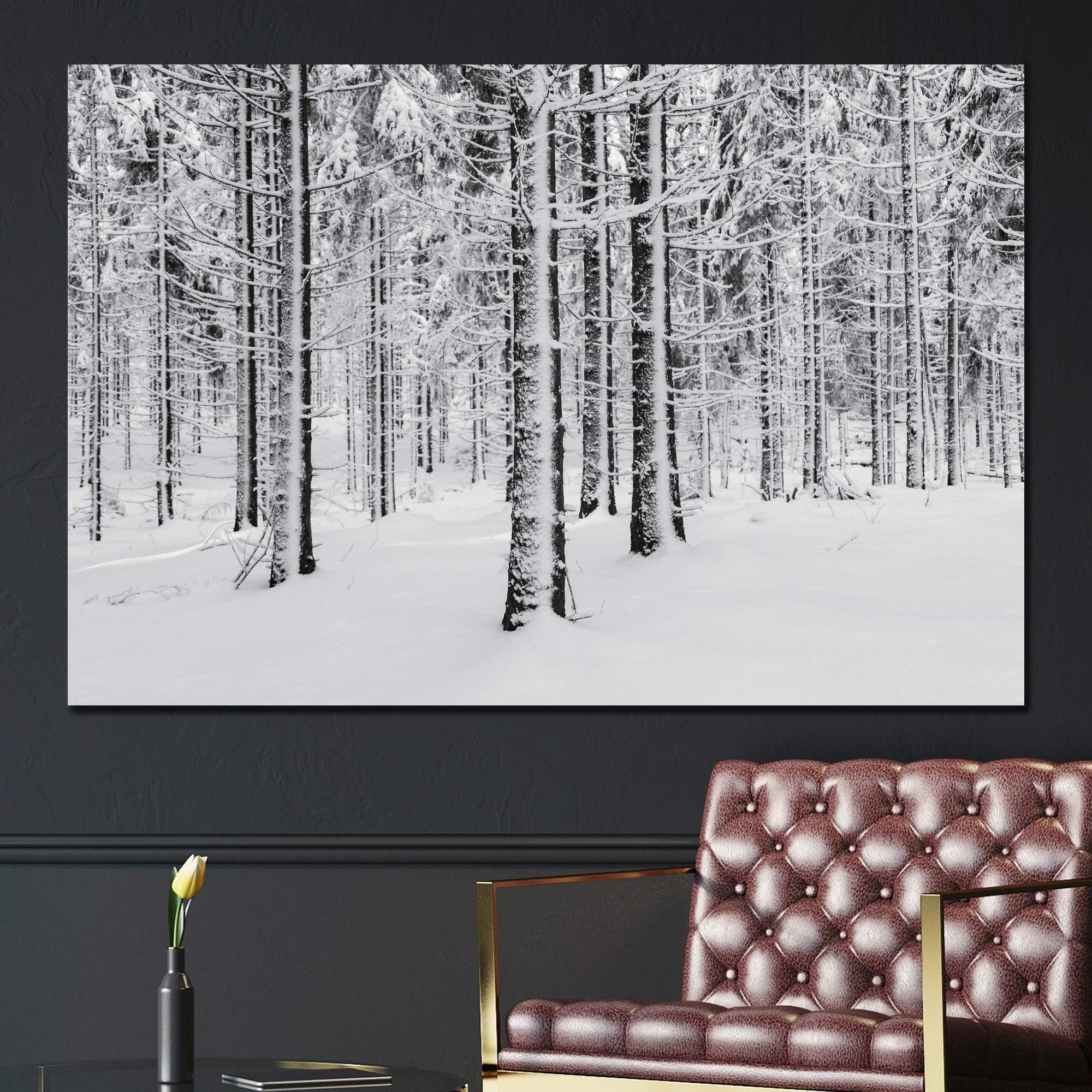 SIGNWIN Canvas Wall Art Winter Snow Covered Birch Trees on The Hillside Nature Forest Modern Art Traditional Scenic Dramatic Black and White for Living Room  Bedroom  Office - 16x24 inches