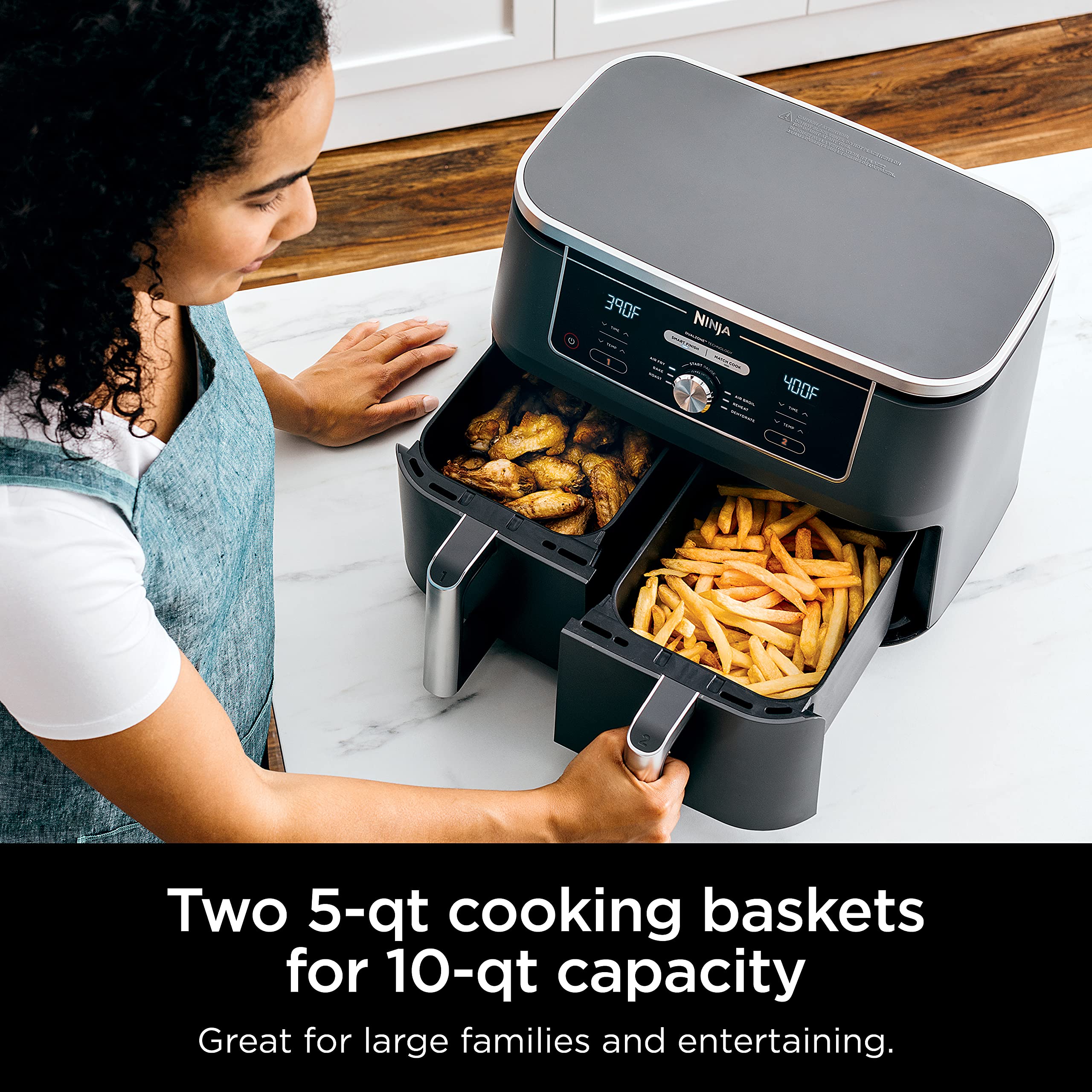 Ninja Dz401 Foodi 10 Quart 6-In-1 Dualzone Xl 2-Basket Air Fryer With 2 Independent Frying Baskets, Match Cook & Smart Finish To