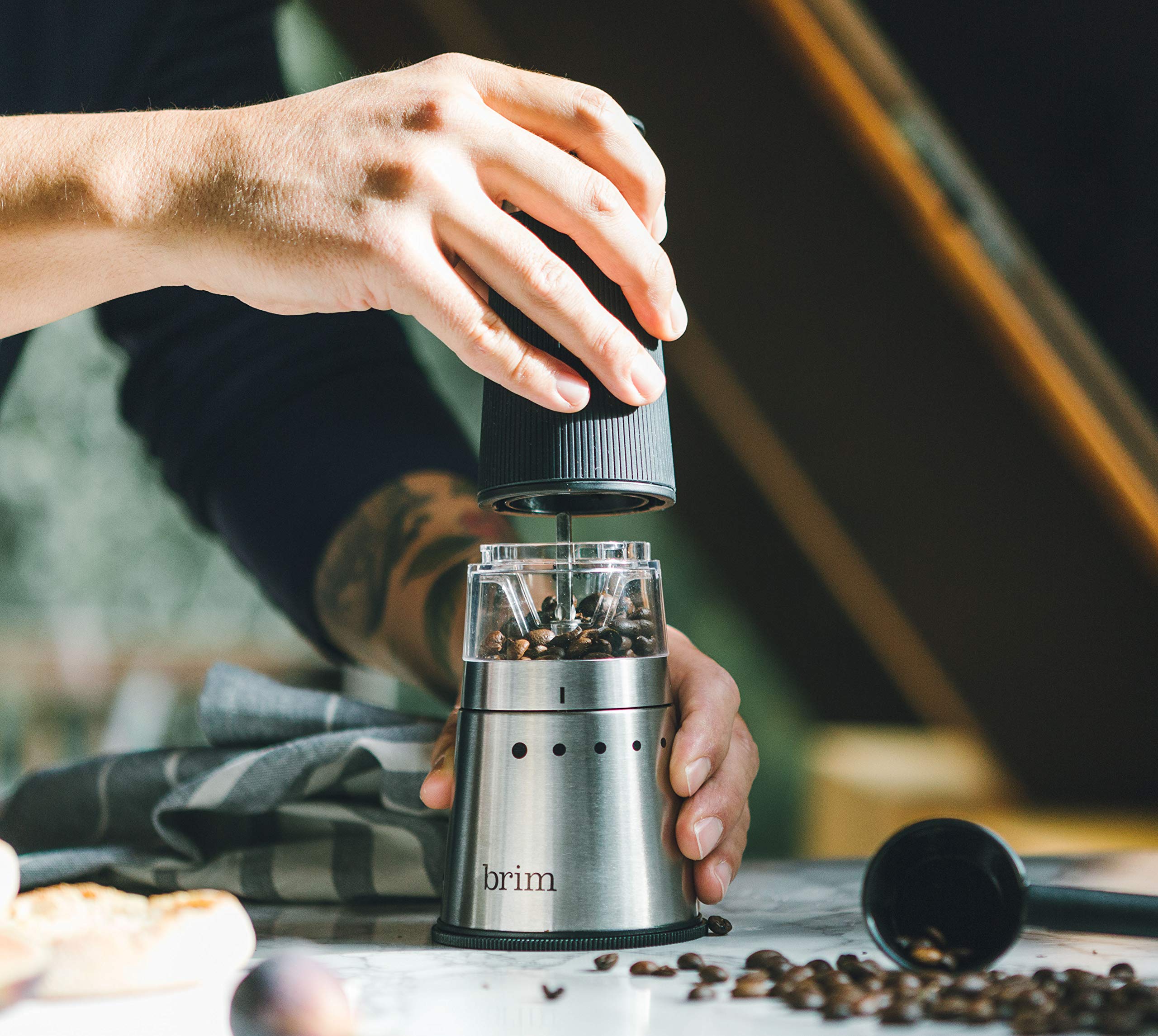 Brim Electric Handheld Burr Coffee Grinder, Simple One-Touch Operation, 9 Precise Grind Settings From Espresso To French Press,