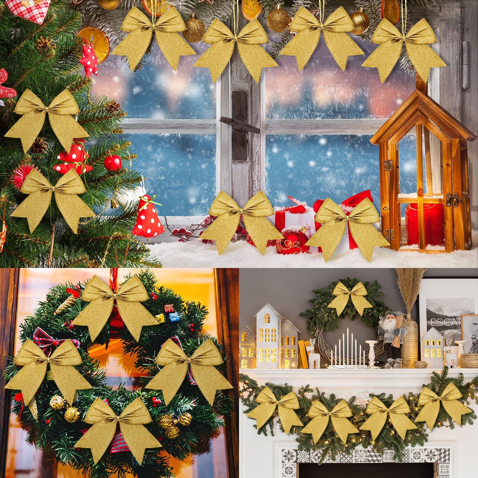 Cindeer 24 Pcs Gold Christmas Bow Decorations 6 Inch, Glitter Holiday Bows with Sequin Ties for Xmas Tree, Halloween, Wreath, DI