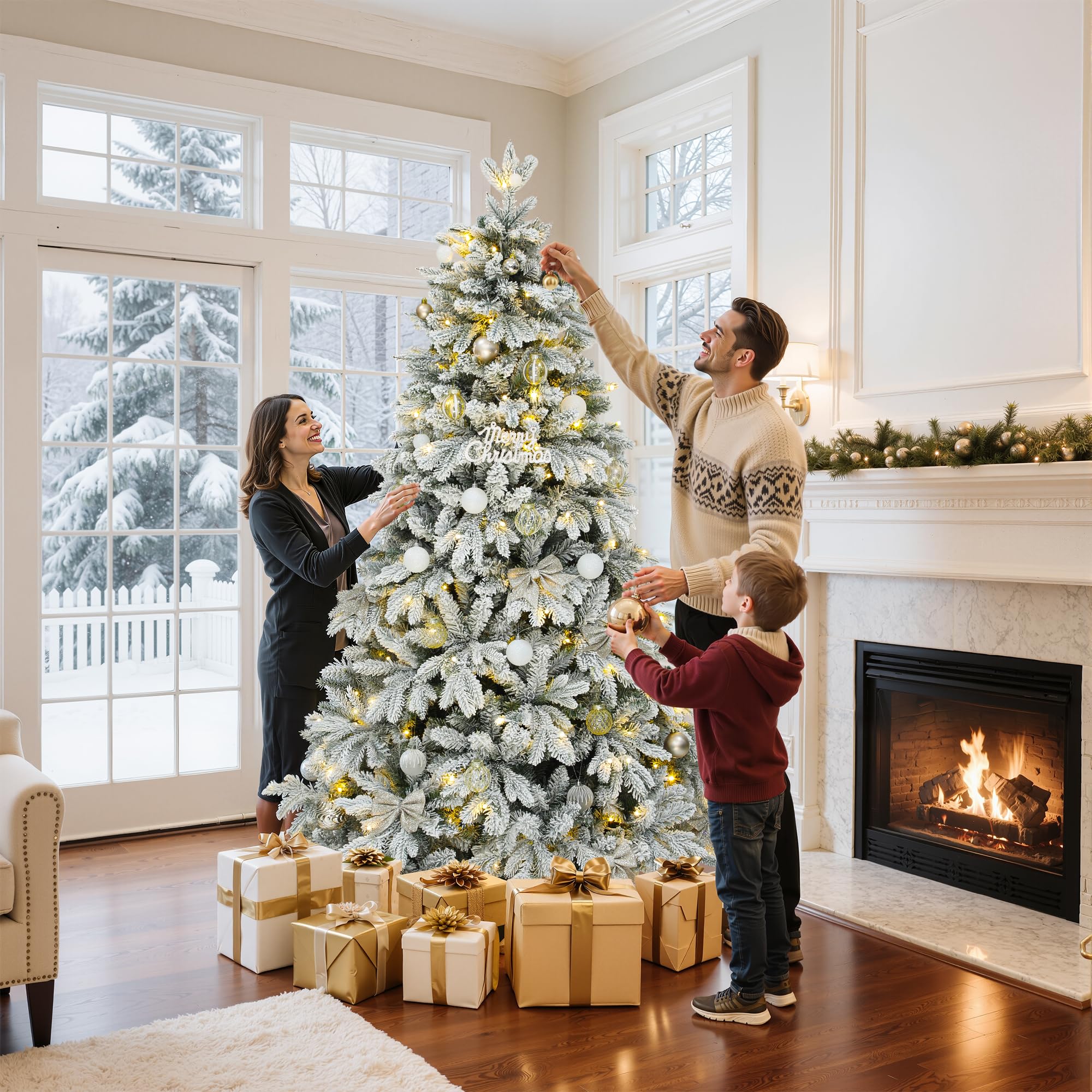 GOOBED 6 FT Pre-Lit Snow Flocked Christmas Tree with Remote, Artificial Hinged Canaan Fir Christmas Tree with 1225 Branch Tips,