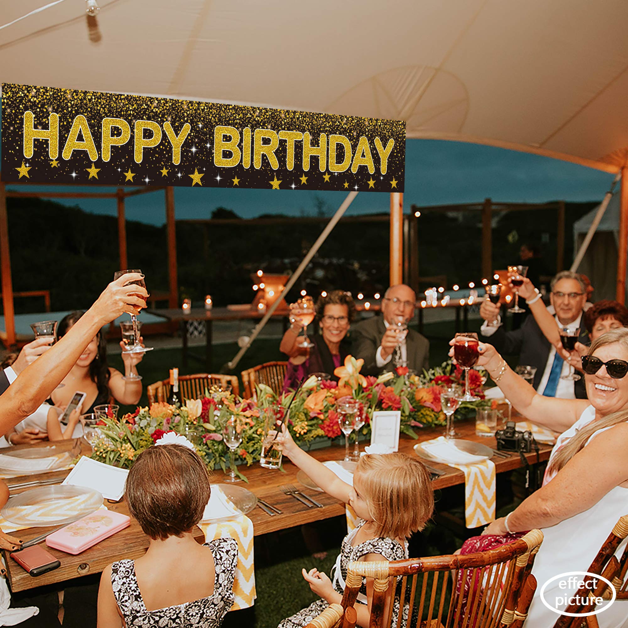 Ushinemi Happy Birthday Banner - Black And Gold Party Decorations Large Birthday Banner For Indoor And Outdoor, 9.8X1.6Ft