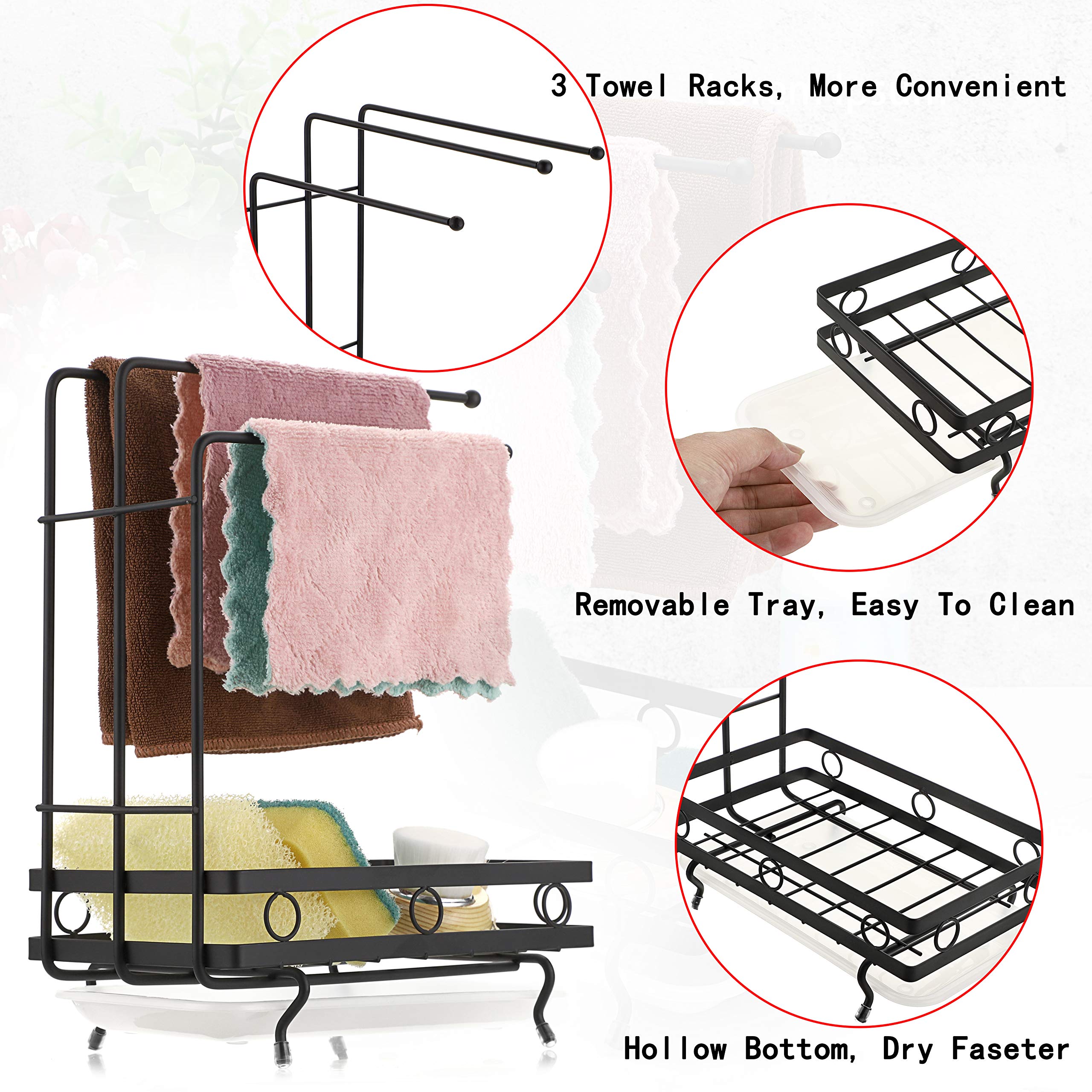 Juxyes Kitchen Sink Caddy Sponge Holder With Dishcloth Drying Rack, Kitchen Rag Stand Sponge Brush Soap Dish Dishcloth Rack Sink