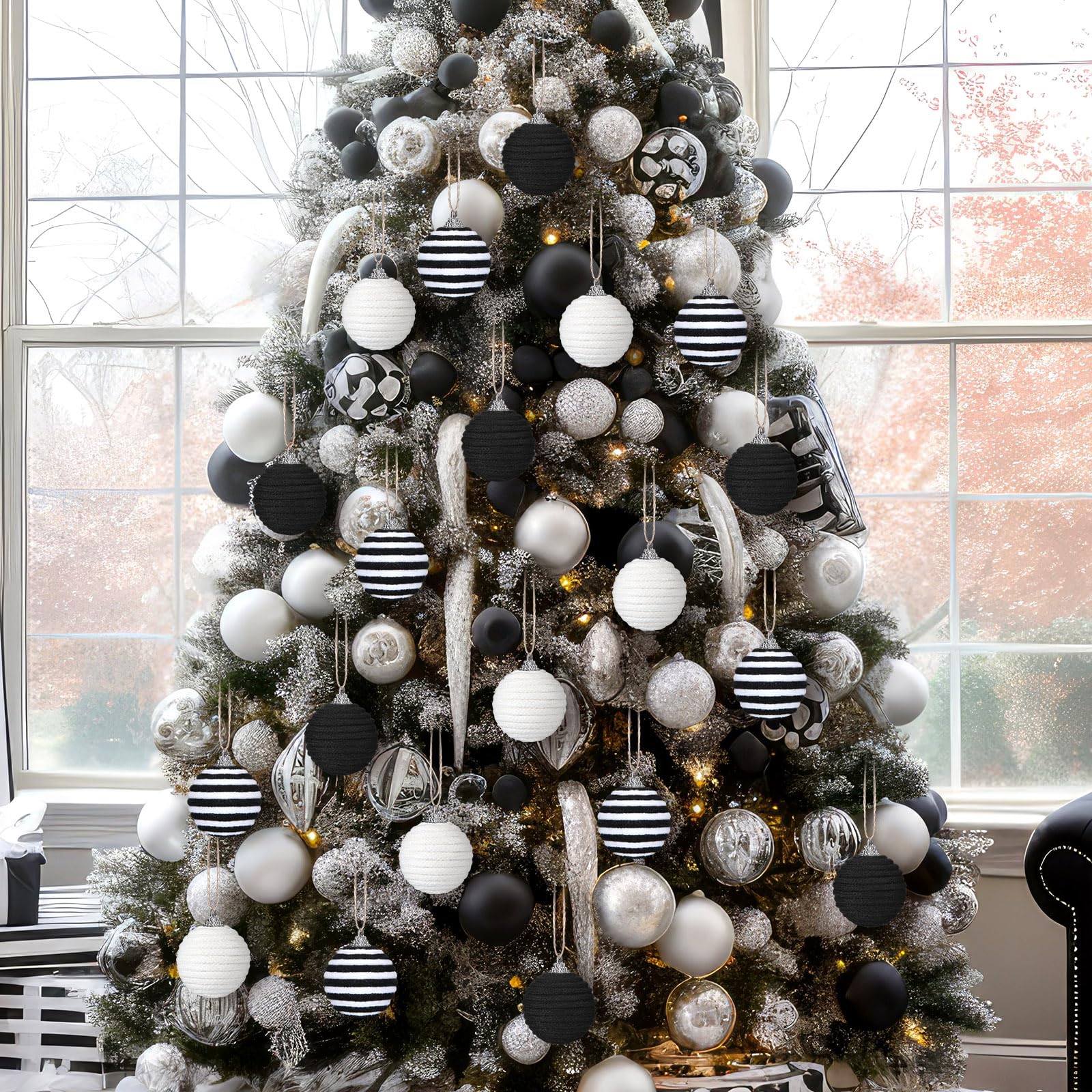 Syhood 18 Pcs 1.57 Inch Mini Christmas Black White Ball Ornaments Boho Farmhouse Jute Rope Hanging Balls Burlap Neutral Rustic O