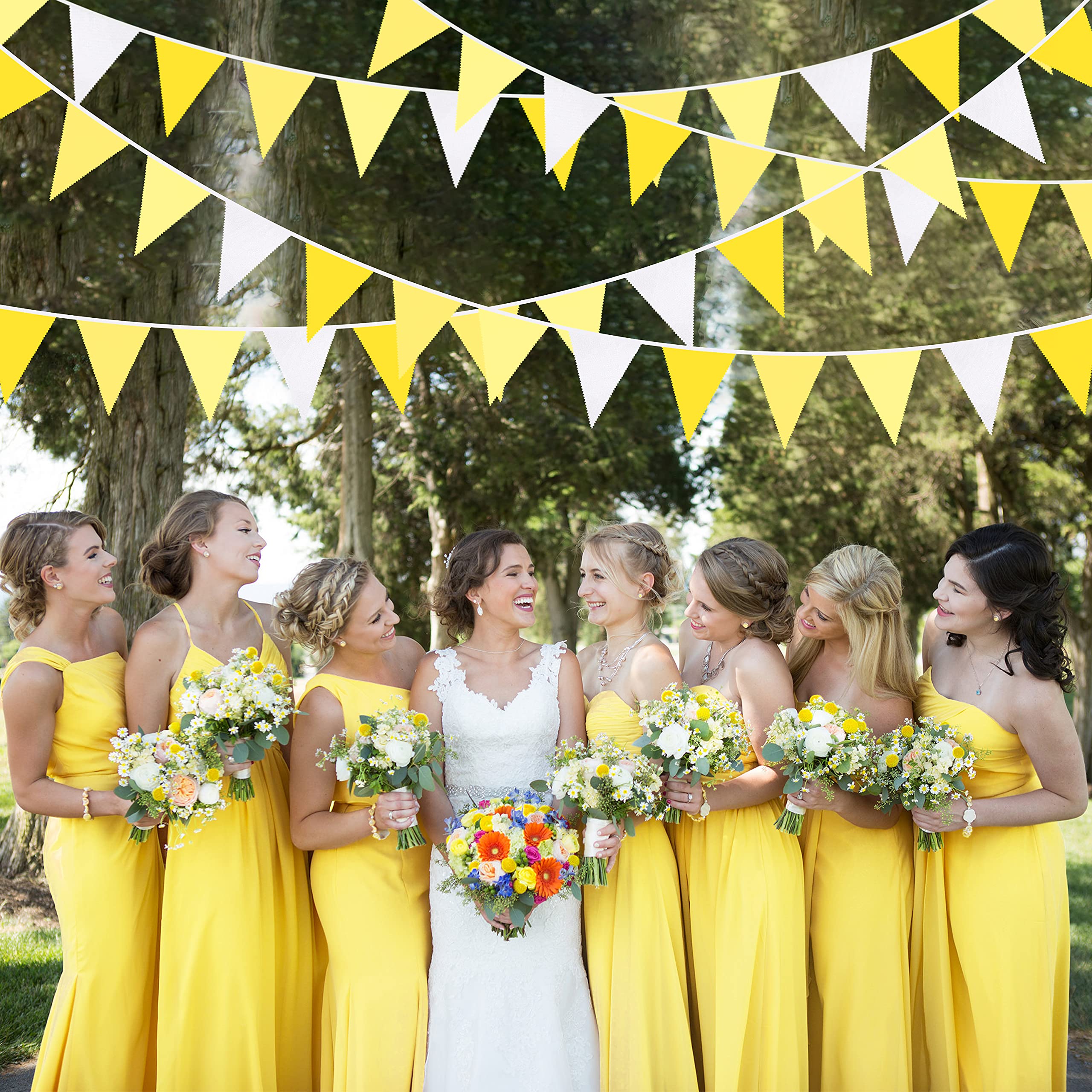 32Ft Yellow Party Decorations Yellow White Pennant Banner Fabric Triangle Flag Bunting Garland For Lemon Bee Sunflower Birthday