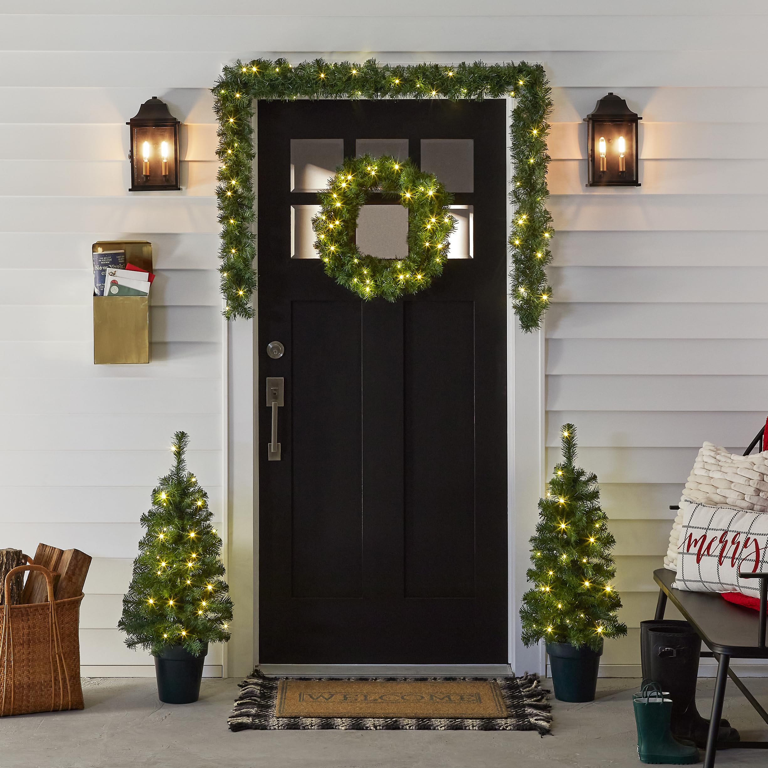 National Tree Company Pre-Lit Evergreen Collection Artificial Christmas Decoration Set, Includes 2 Mini Entrance Trees, 1 Garlan