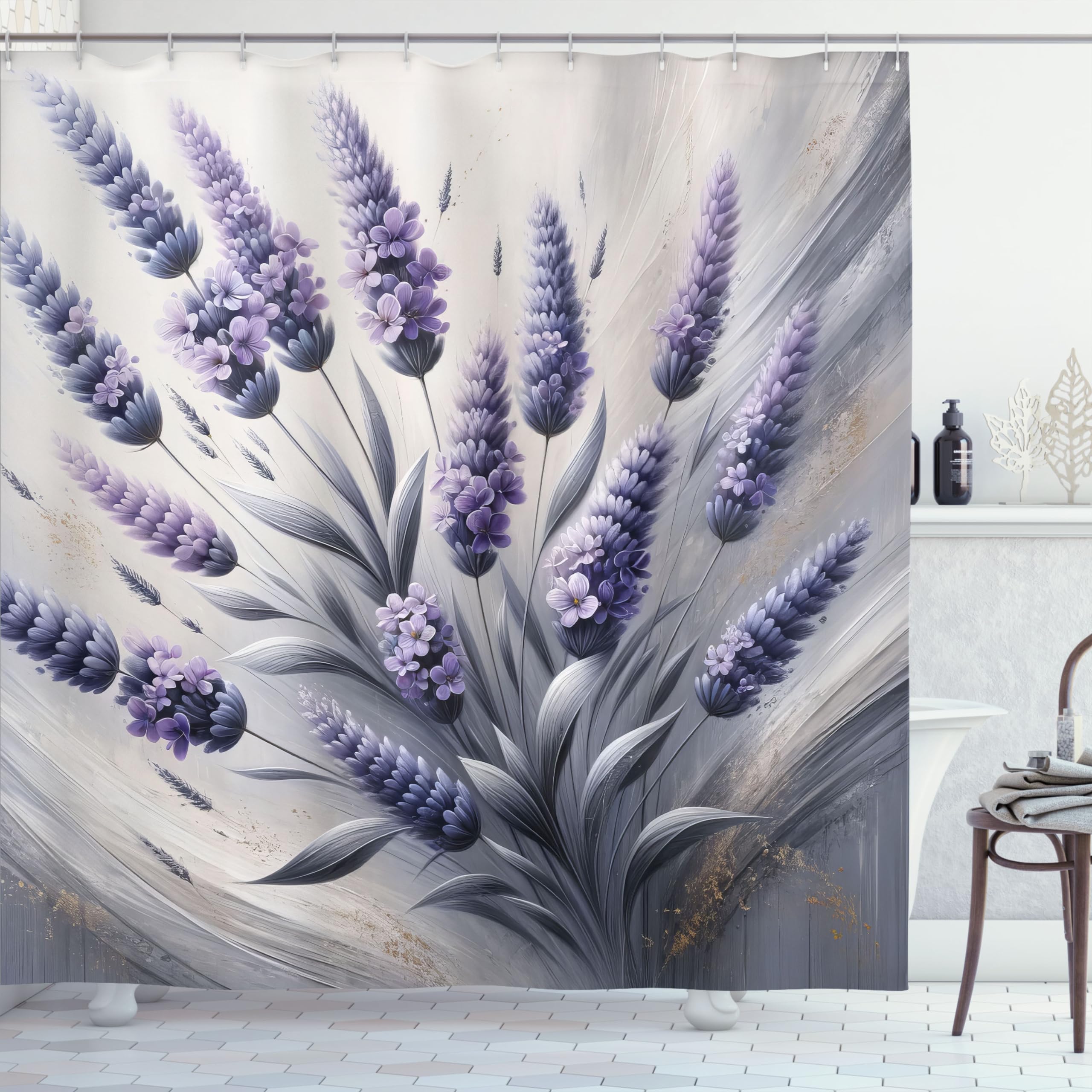 Ambesonne Lavender Shower Curtain, Modern Design Of Realist Floral With Muted Leaves On Contemporary Back, Cloth Fabric Bathroom