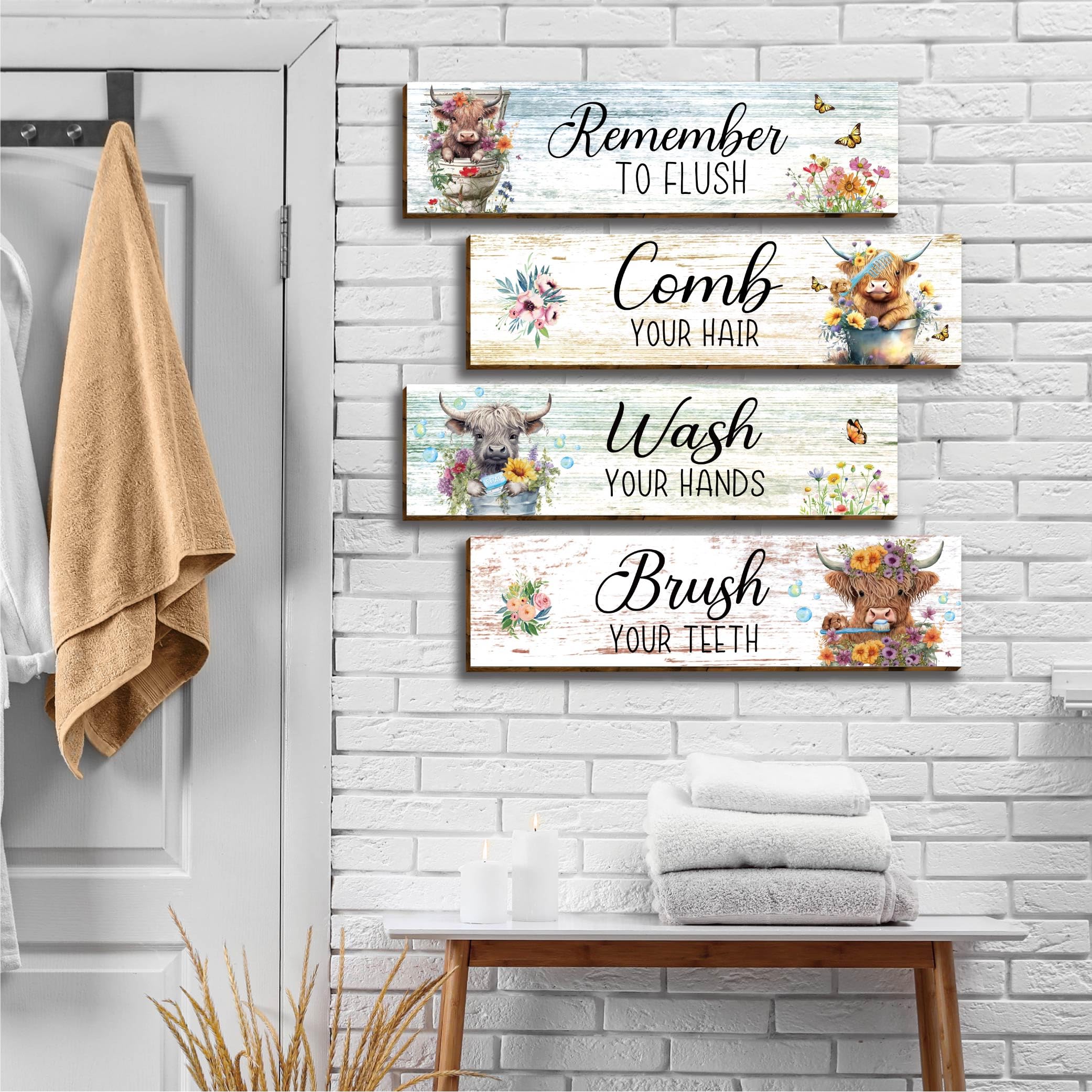 Vagafilla 4-Piece Highland Cow Bathroom Wall Decor - Rustic Wooden Farmhouse Wall Art - Perfect for Bedroom, Bathroom, Living Ro