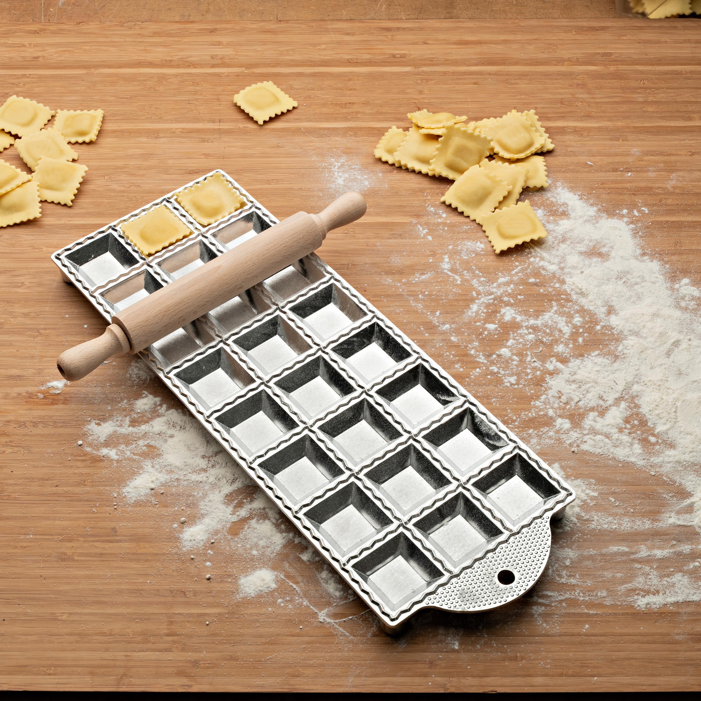 Kings County Tools Ravioli Mold Cutter - Makes 24 Square 2” Raviolis - Easy to Use with Wood Roller, Non-Slip Feet, Made in Italy