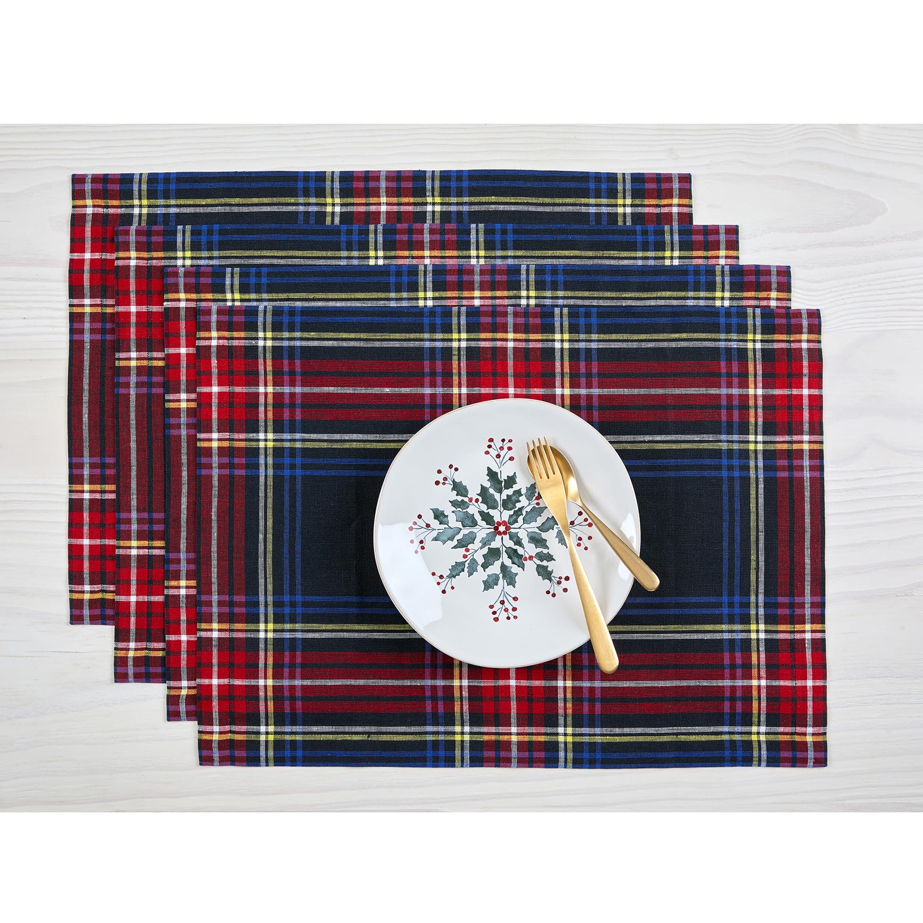 Solino Home Plaid Linen Placemats Set Of 4-100% Pure Linen Black Stewart Plaid Cloth Placemats 19'' L X 14'' W Inch - Handcrafte