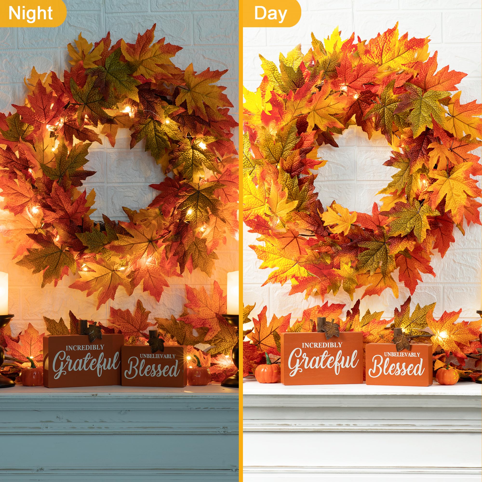 Glitzhome 24 Inch Pre-lit Fall Wreath, Autumn Wreath for Front Door, Lighted Maple Leaves Wreaths with Timer for Thanksgiving Ha