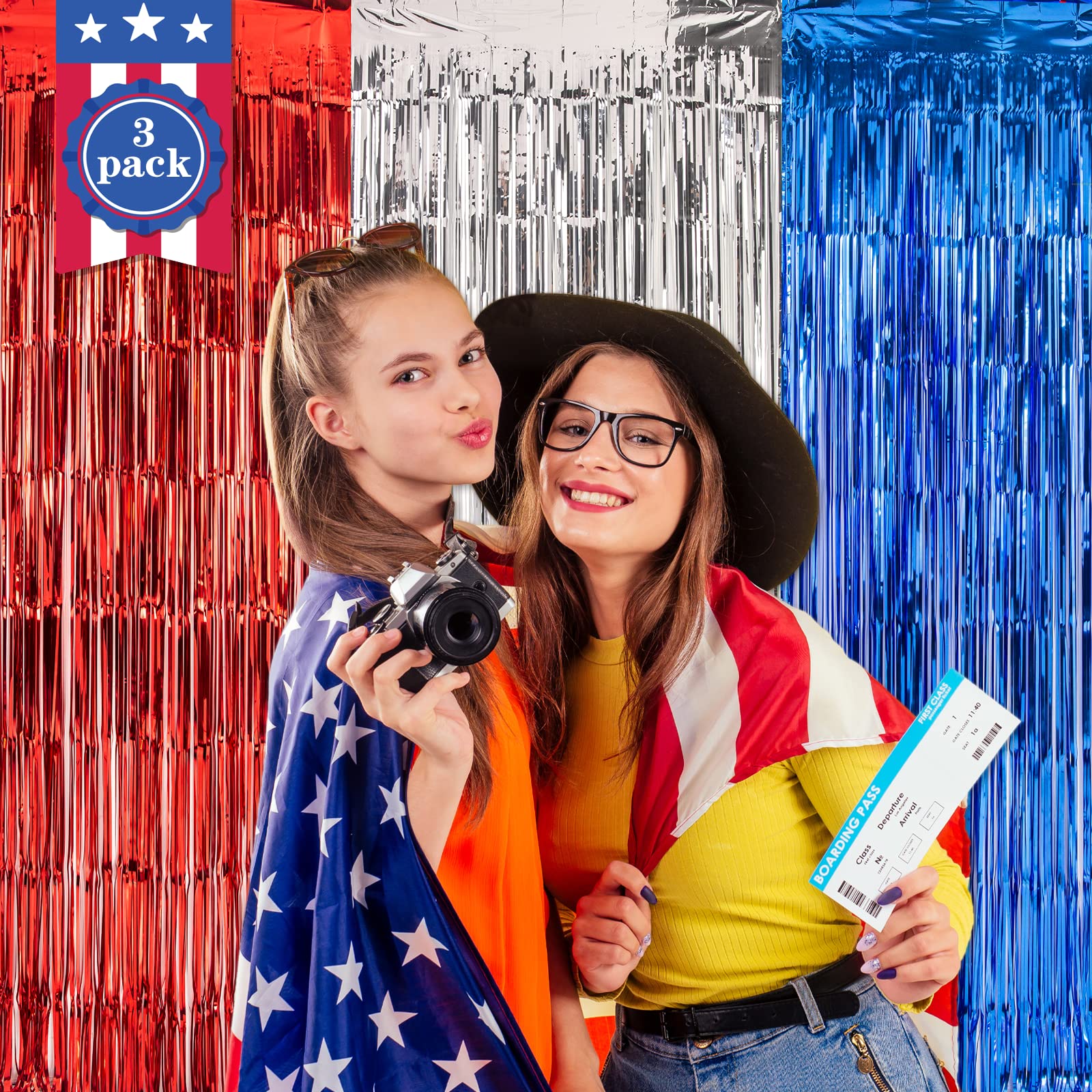 Lolstar 4Th Of July Decorations,Red White Blue 3 Pack America Tinsel Foil Fringe Curtains,4Th Of July Photo Booth Prop Streamer