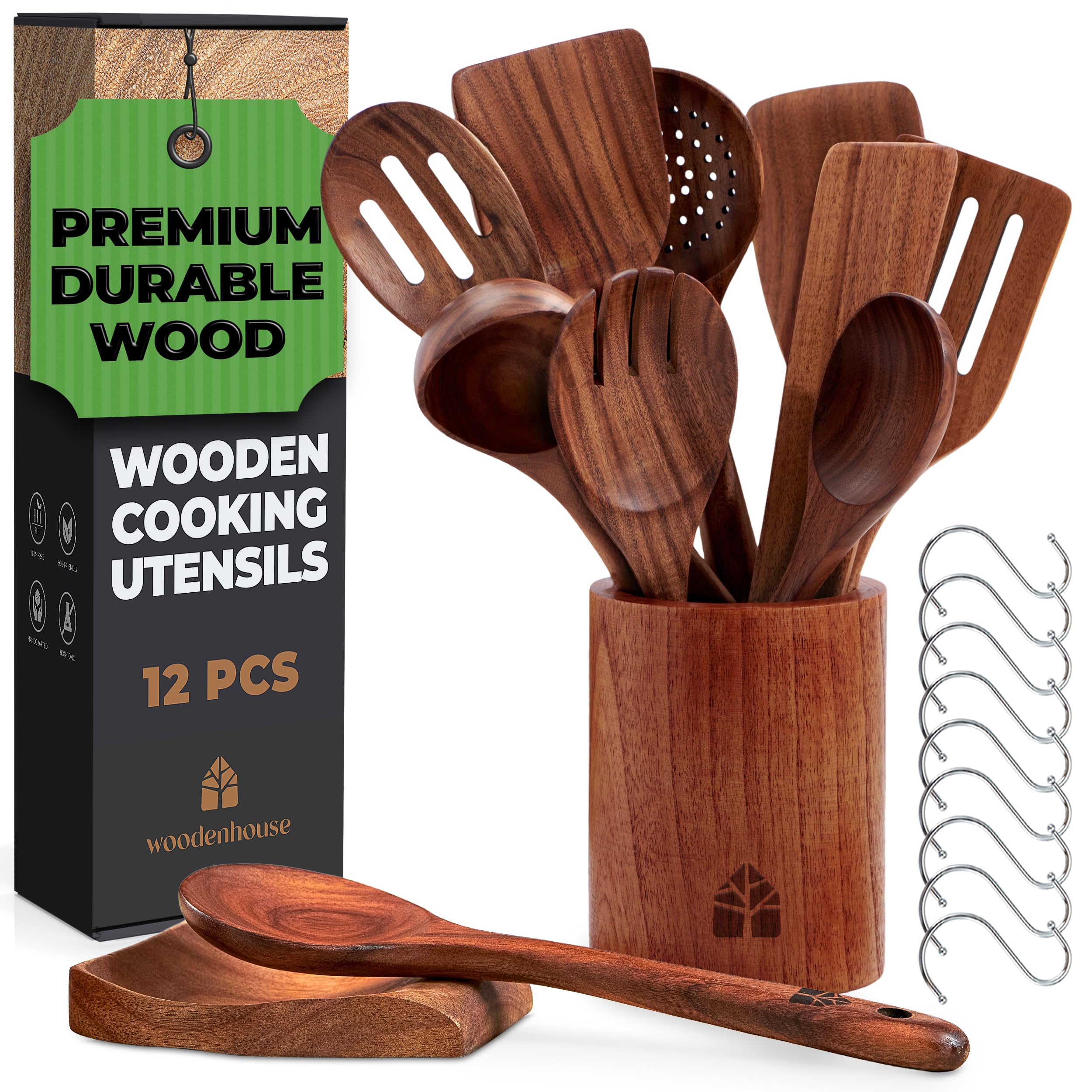 Wooden Spoons For Cooking - Wooden Cooking Utensils Set With Holder, Spoon Rest & Hooks, Teak Wood Nonstick Kitchen Cookware - D