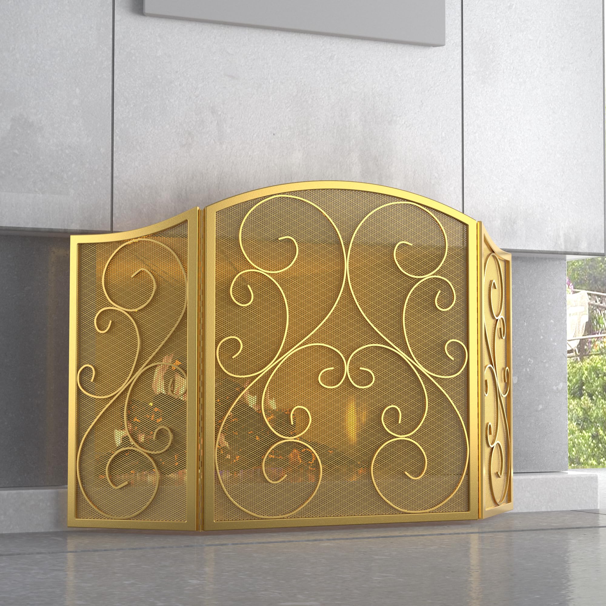 Fire Beauty Fireplace Screen 3 Panel Wrought Iron Metal 48(L) x30(H) Spark Guard Cover(Golden Dusting)