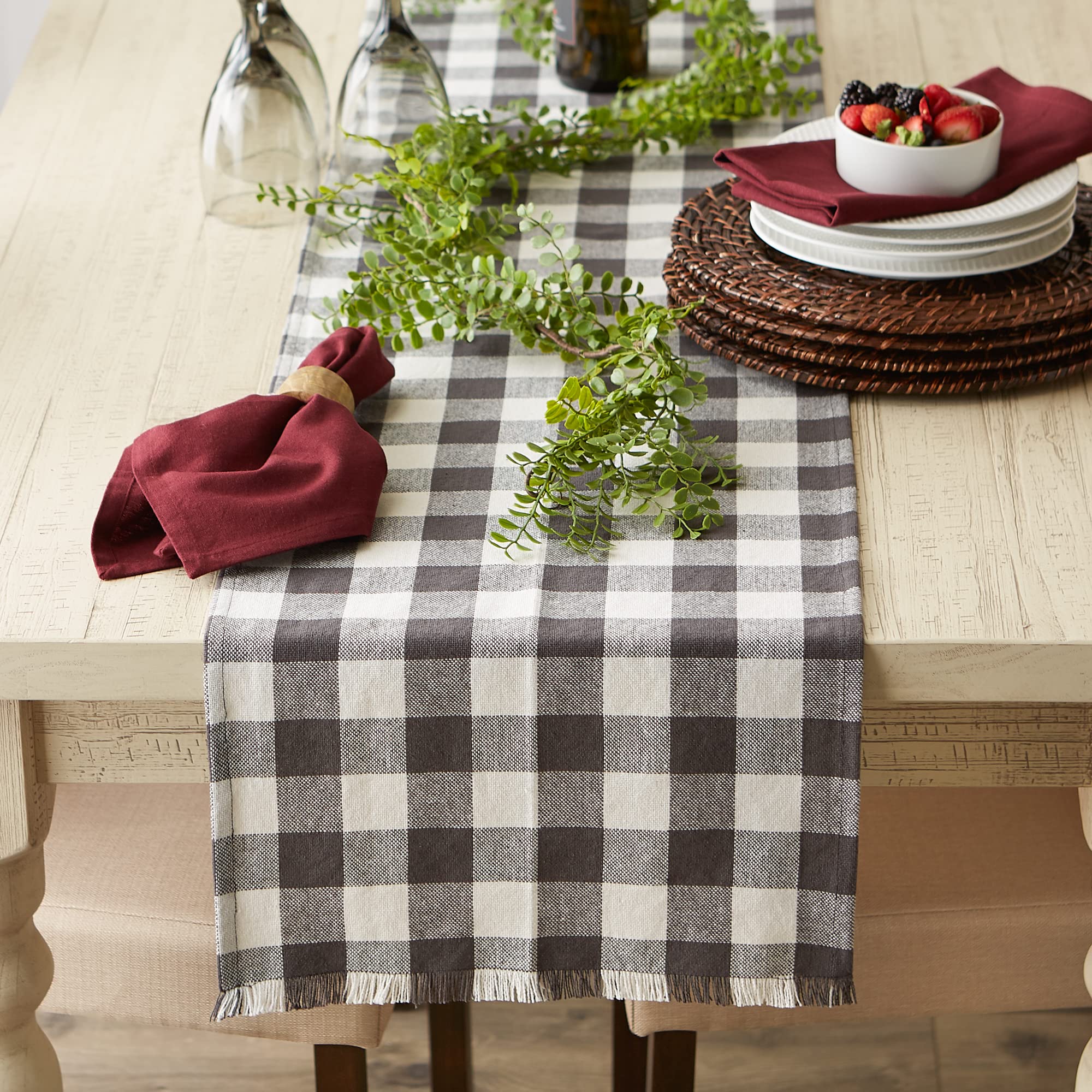 DII Heavyweight Fringed Check Tabletop Collection  Table Runner  14x108  Mineral