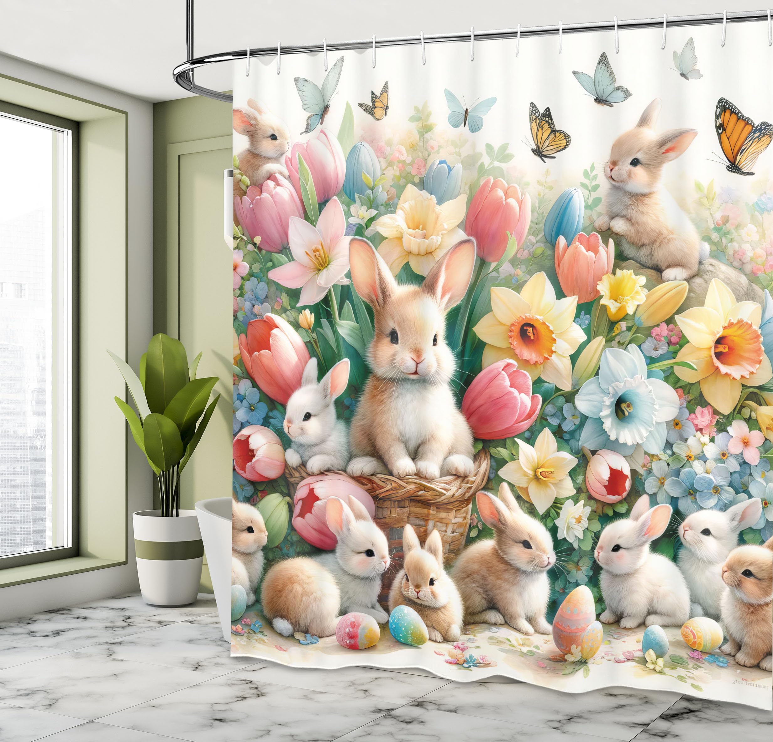 Ambesonne Spring Shower Curtain, Easter Bunnies Tulips Rabbits In Floral Scene Flowers With Butterflies, Cloth Fabric Bathroom D
