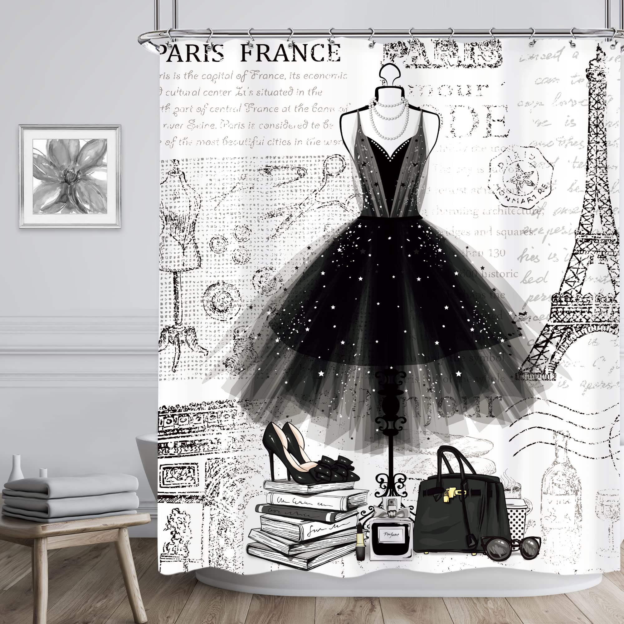 Riyidecor Shower Curtain - Black White Eiffel Tower, 60Wx72H Inch, Polyester, Waterproof, Modern Girls Bathroom Decor, Model RYD-HQYKHW-67868