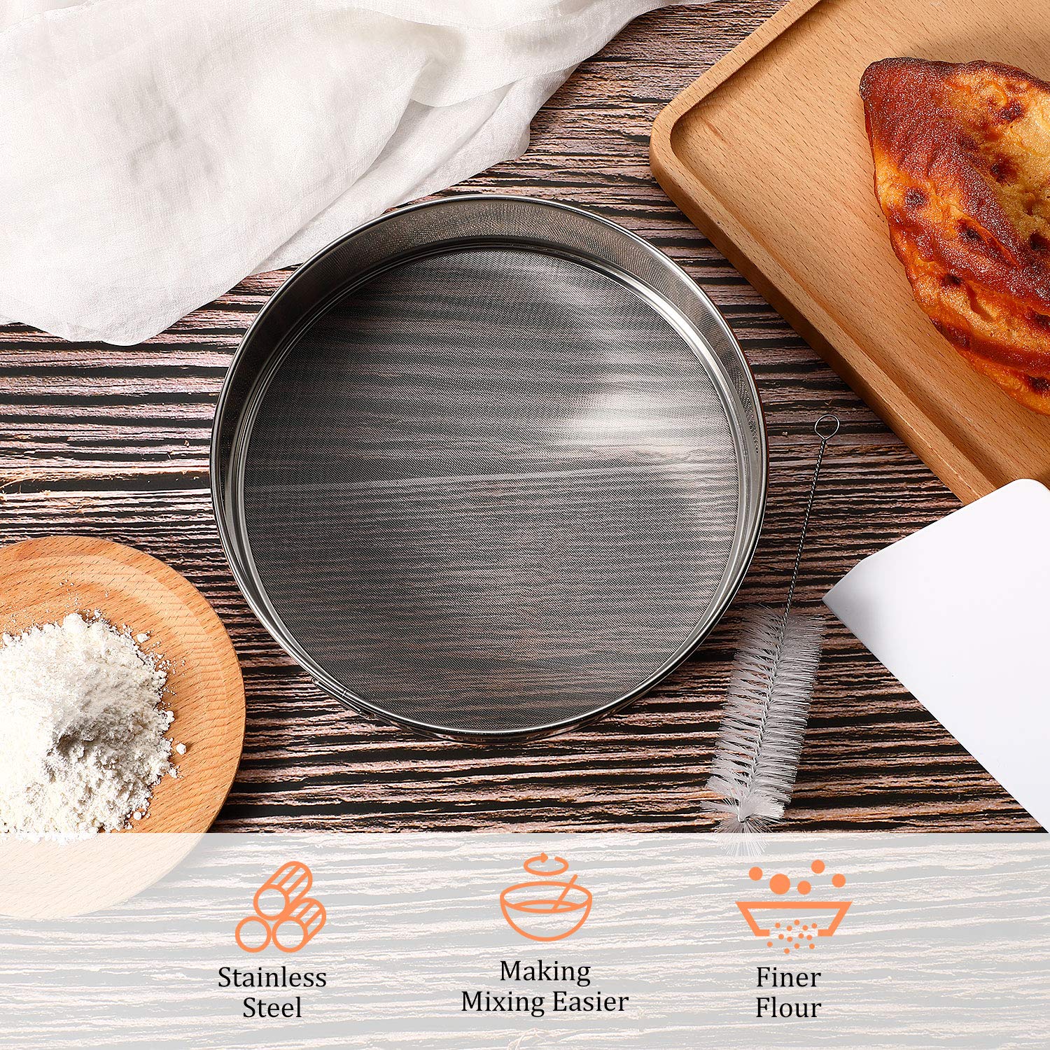 6 Pieces Tamis Flour Sieve Set 6 Inch 8 Inch 10 Inch Flour Sieve 60 Mesh Stainless Steel Round Sifter For Baking With Dough Scra