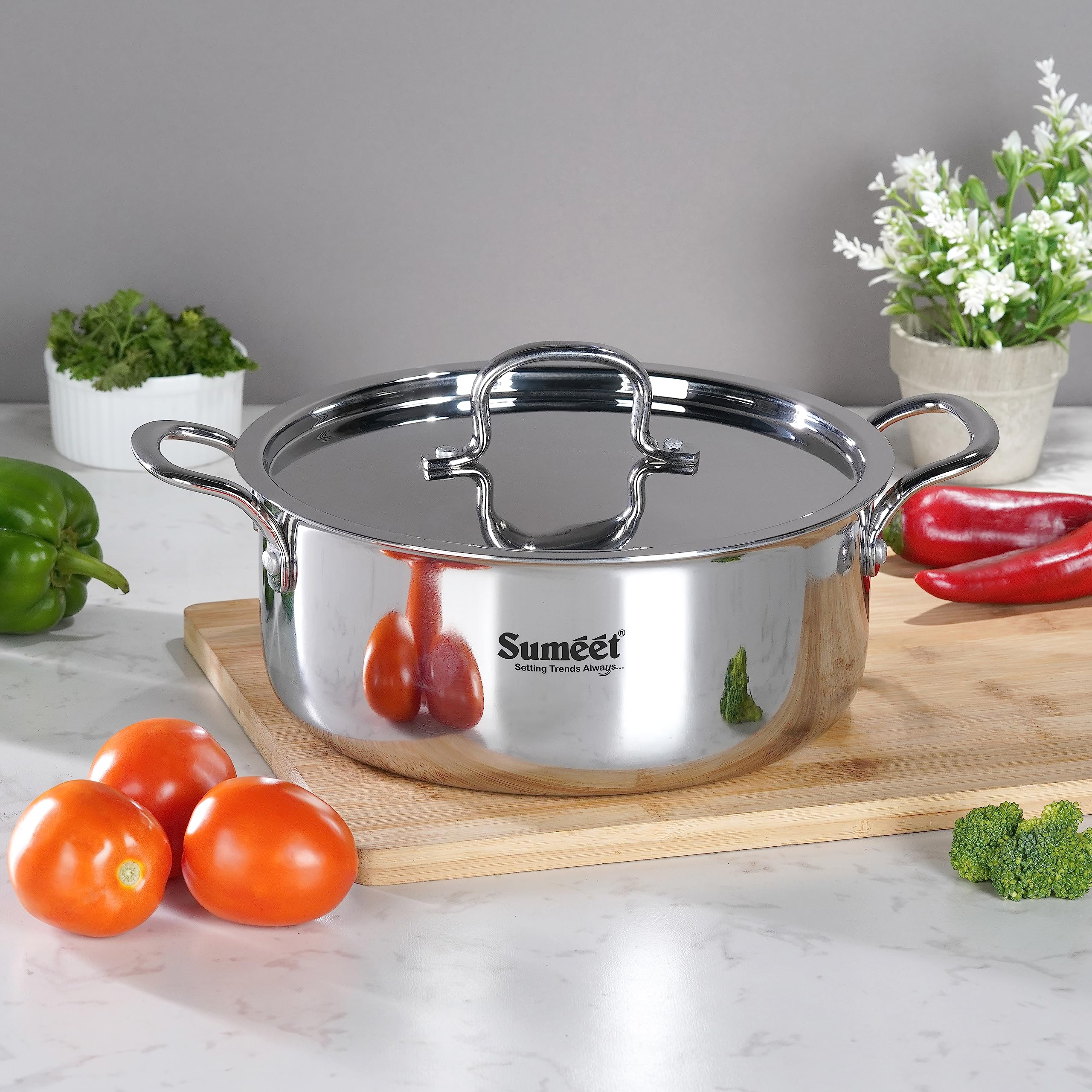 Sumeet Cook Smart Triply Steel-Aluminium-Steel - 3 Layers Casserole/Biryani Pot/Stock Pot With S.S. Lid- 3.75Ltr - 22Cm, Silver