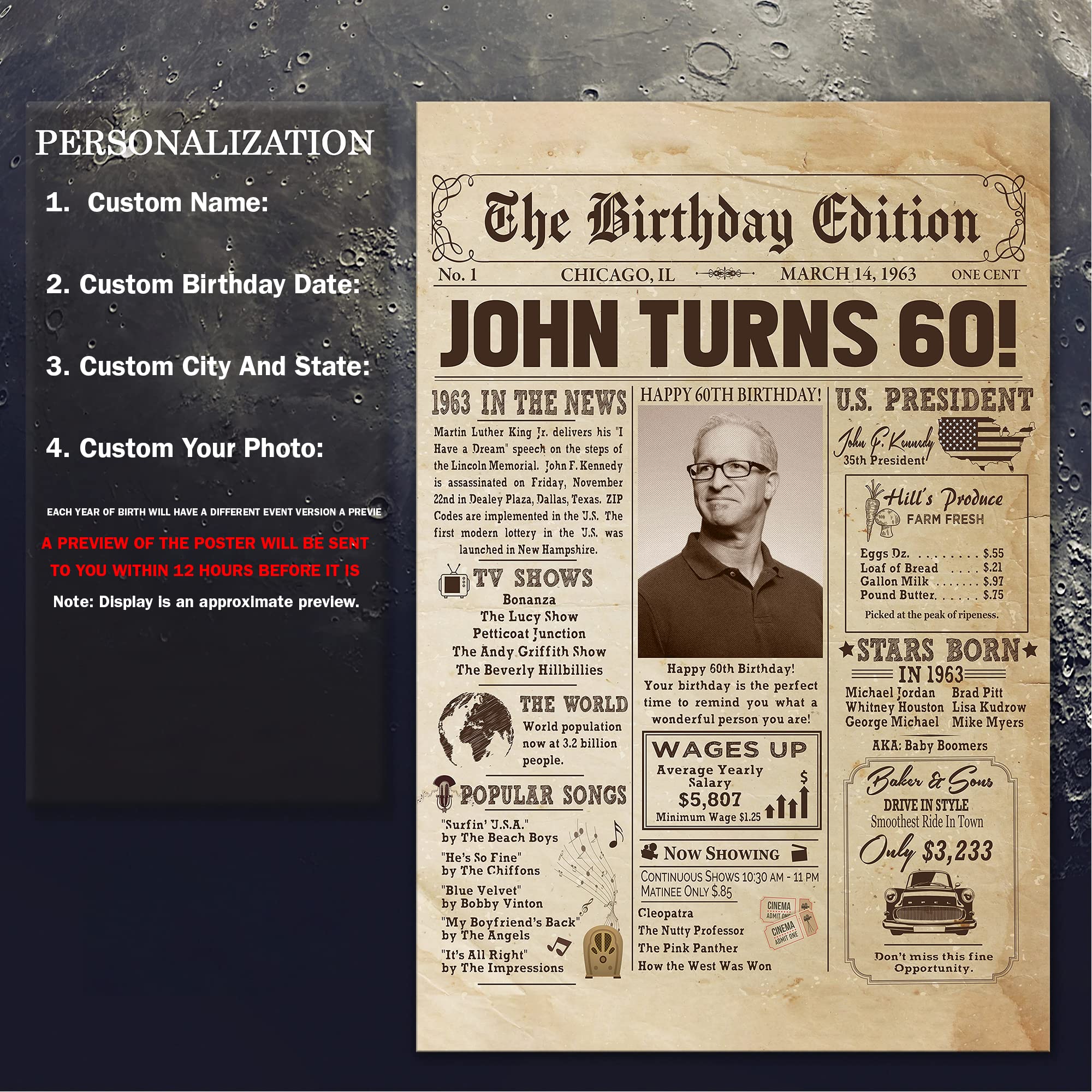 Personalized 60Th Birthday Newspaper Poster No Frame, Canvas Back In 1963 Gifts Idea Birthday, Anniversary, Custom Photo Birthda