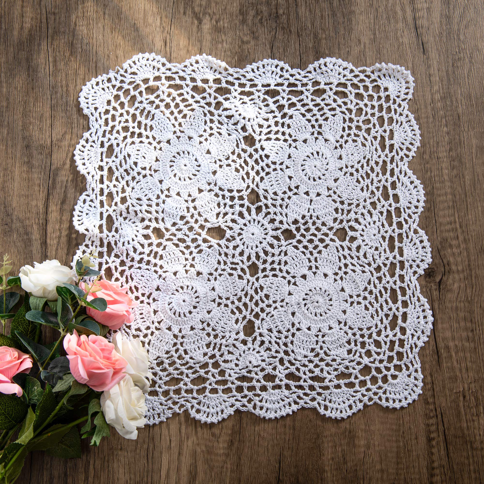 Eiyye 1-Pieces Crochet Placemats Table Doilies Square Handmade Cotton Lace Thread Cloth 14X14 Inch (White)