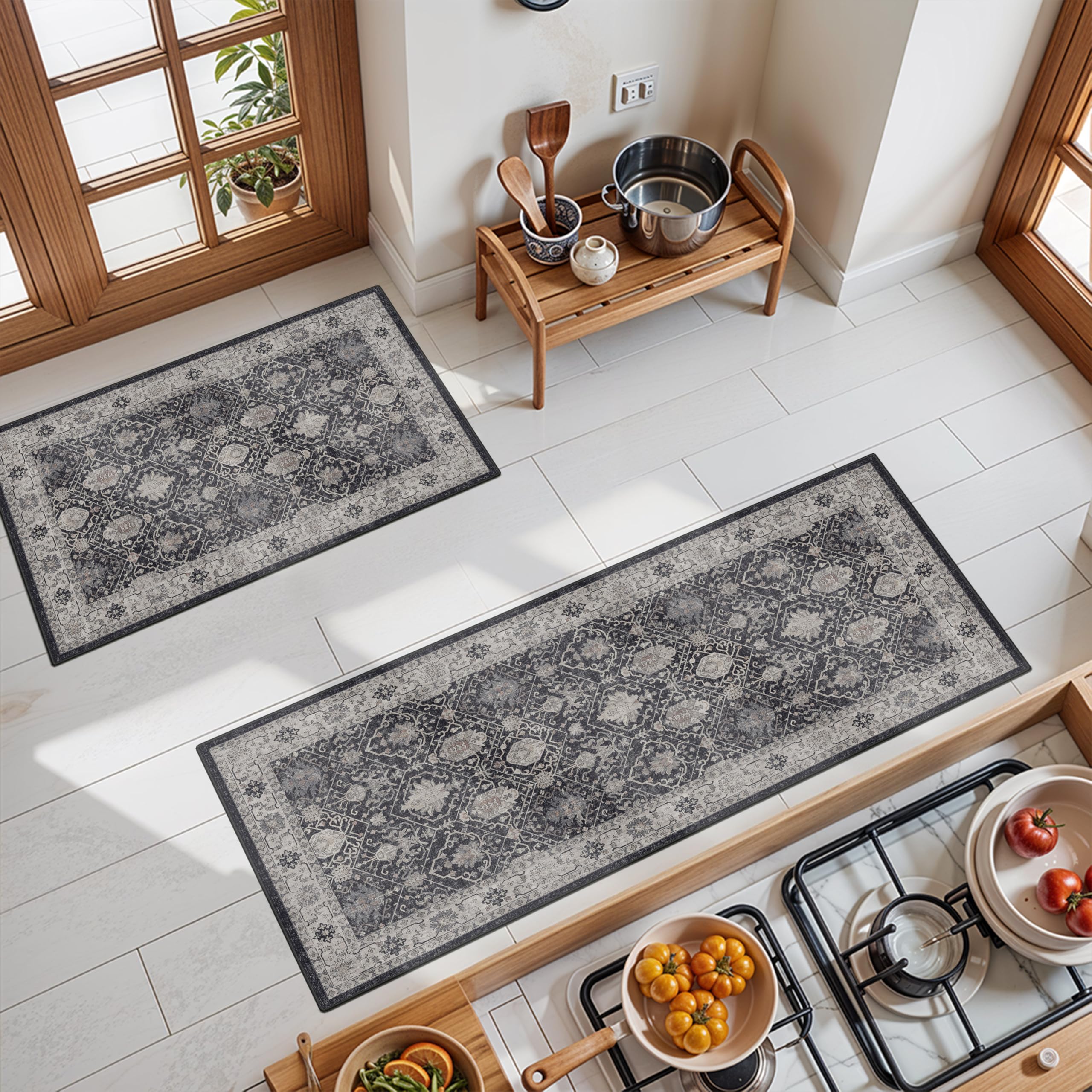 Kitchen Sink Rugs Set 0f 2: Washable Non-Slip Hardwood Floor Mat for Stove Dishwasher Fronts Soft Stain Resistant Carpet for Coo