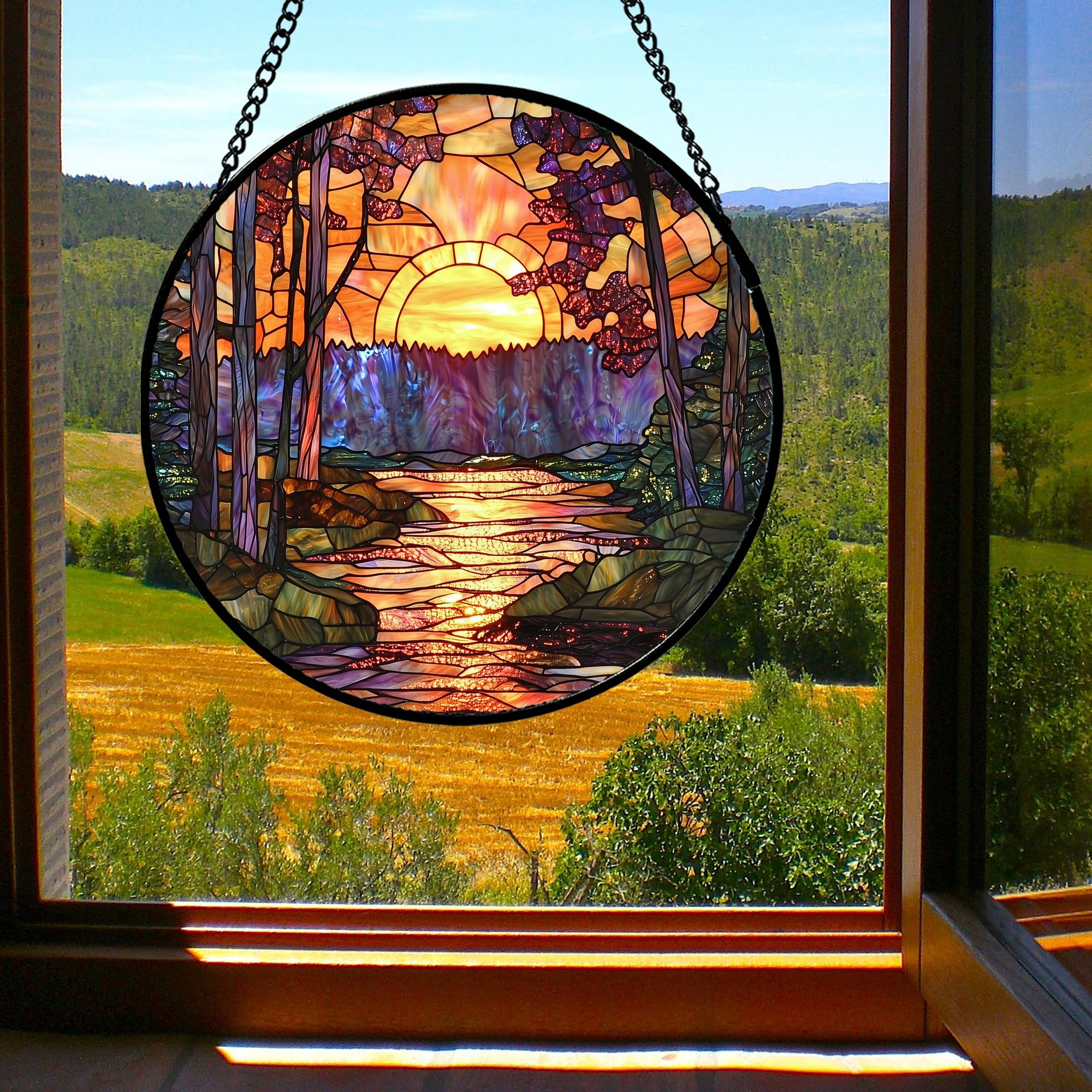 JOSUMALY Stained Glass Window Hanging, Orange Landscape Green Purple Lake Forest Suncatcher for Doors Window Home Sun Catchers D