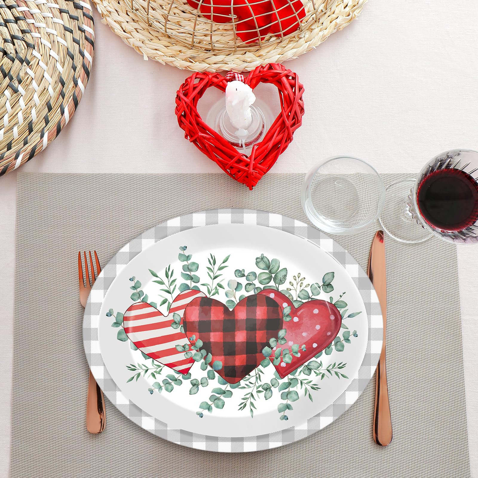 Chunnin 50Pcs Valentine'S Day Party Supplies Valentines Party Oval Paper Plates 11.6 X 9.5In Eucalyptus Love Heart Disposable Ta