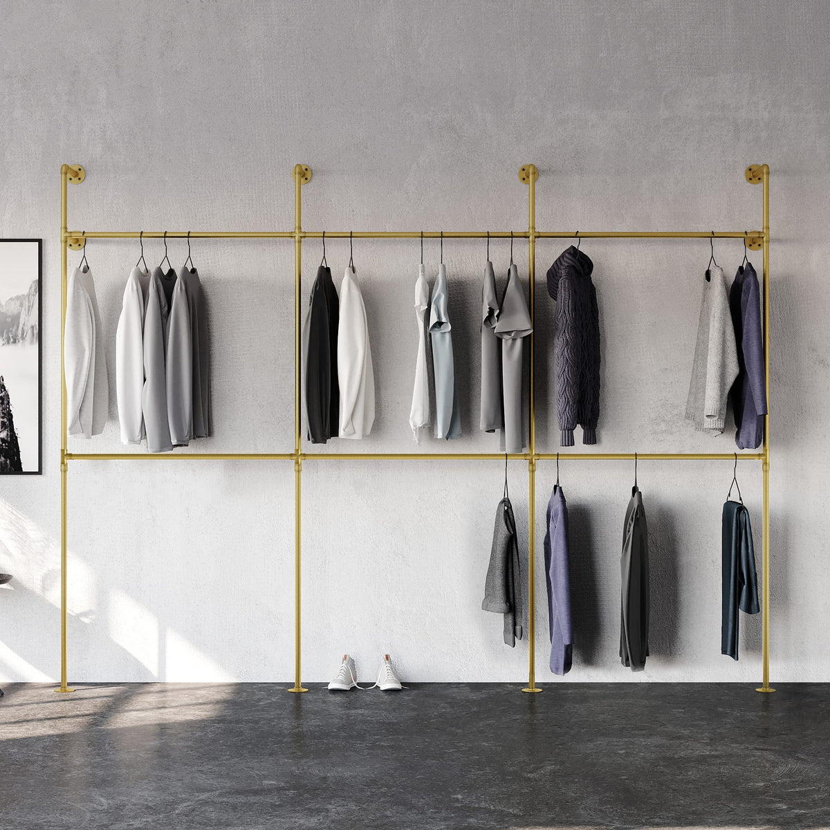 Pamo Industrial Pipe Clothing Rack Metal Gold - Wall Mounted Clothes Racks For Hanging Clothes - Modern Walk In Closet - Kim Iii