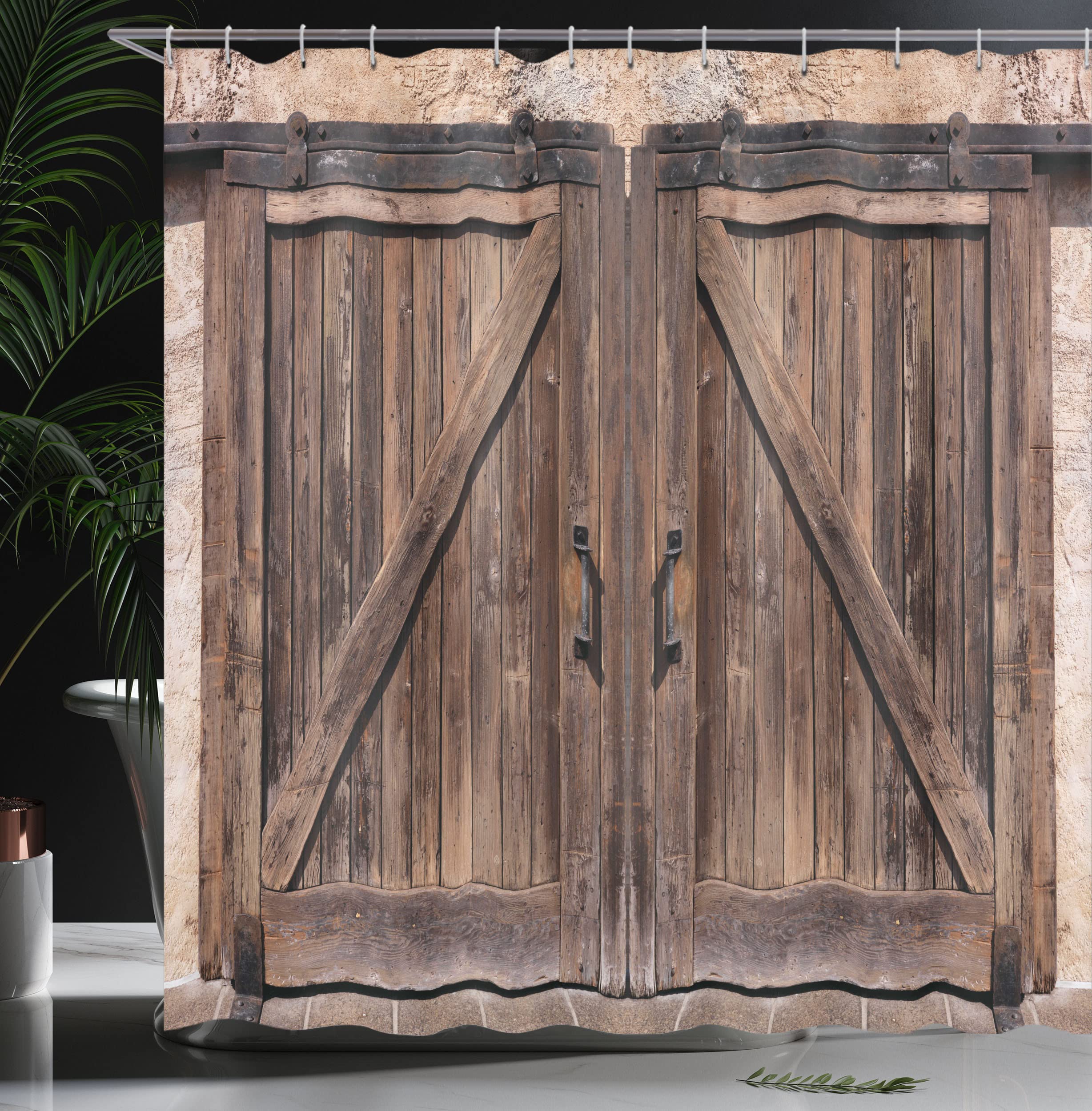 Ambesonne Rustic Shower Curtain, Wooden Barn Door In Stone Farmhouse Image Vintage Desgin Rural Art Architecture Print, Cloth Fa