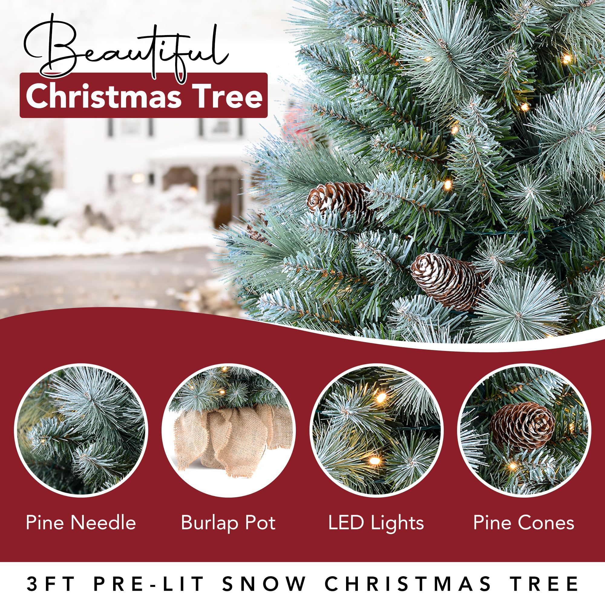 3ft Pre-Lit Mini Snow Christmas Trees with 80 LED Lights, 36 Decorated Burlap Artificial Tabletop Christmas Trees Home Party for