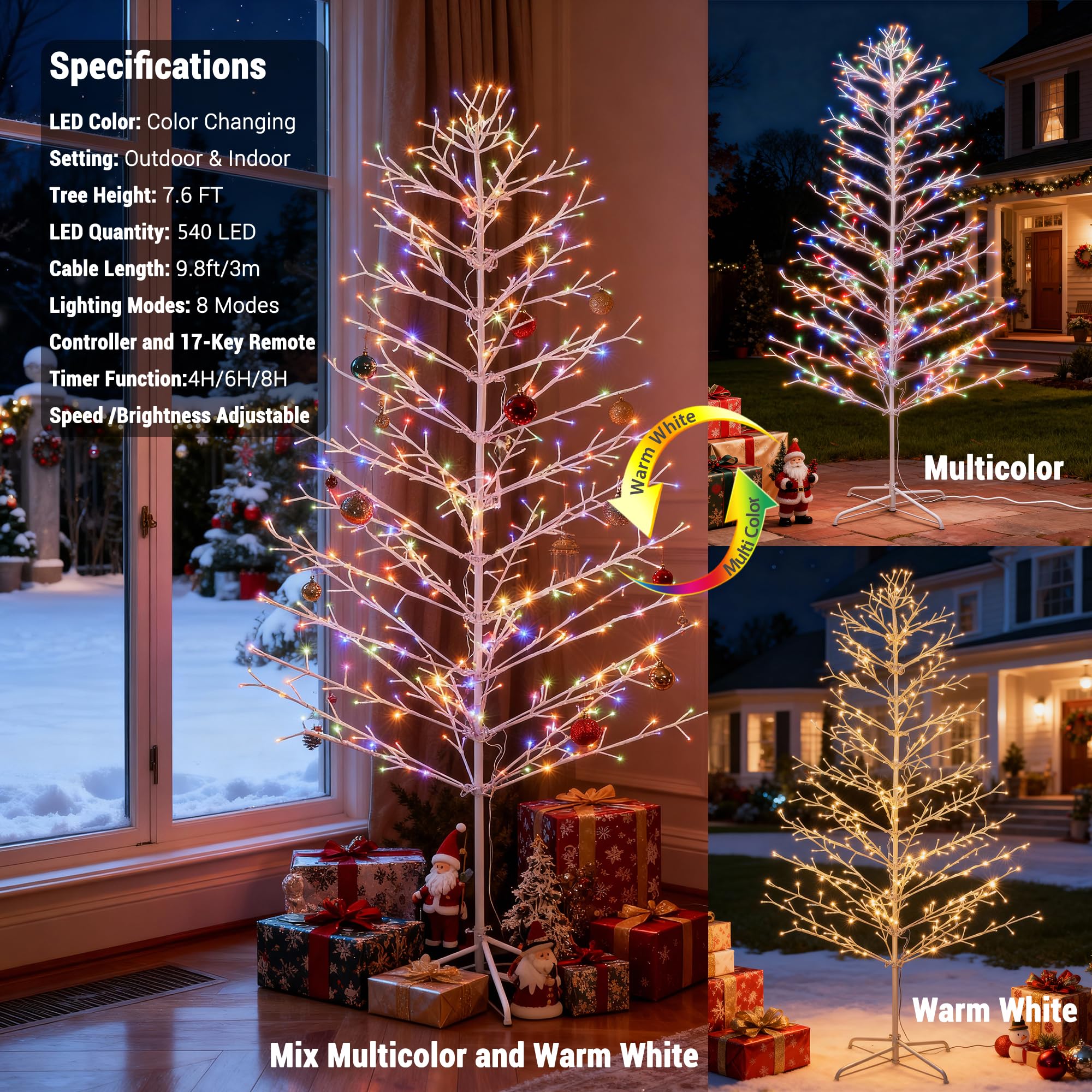 Joomer Christmas Tree Light Outdoor,7.6FT 540 LED Color Changing Artificial Collapsible Birch Tree Lights with Remote Control Ti