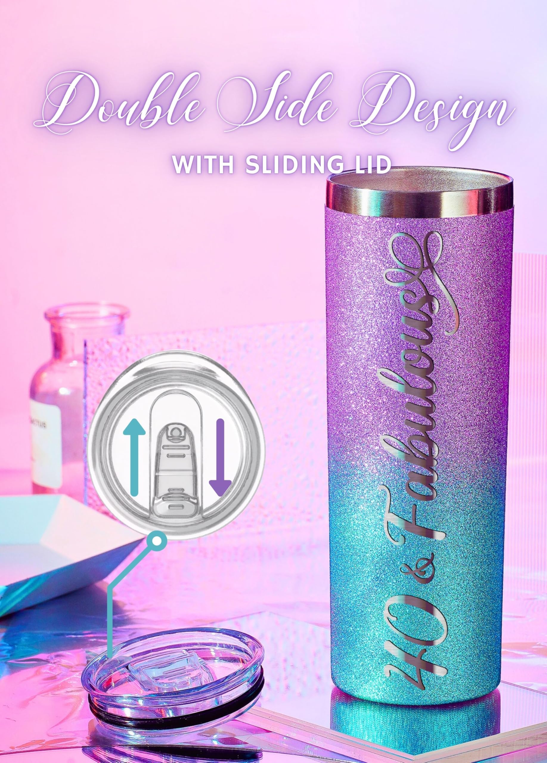 Onebttl 40Th Birthday Gifts For Women, Female, Her - 40 And Fabulous - 20Oz/590Ml Stainless Steel Insulated Glitter Tumbler With
