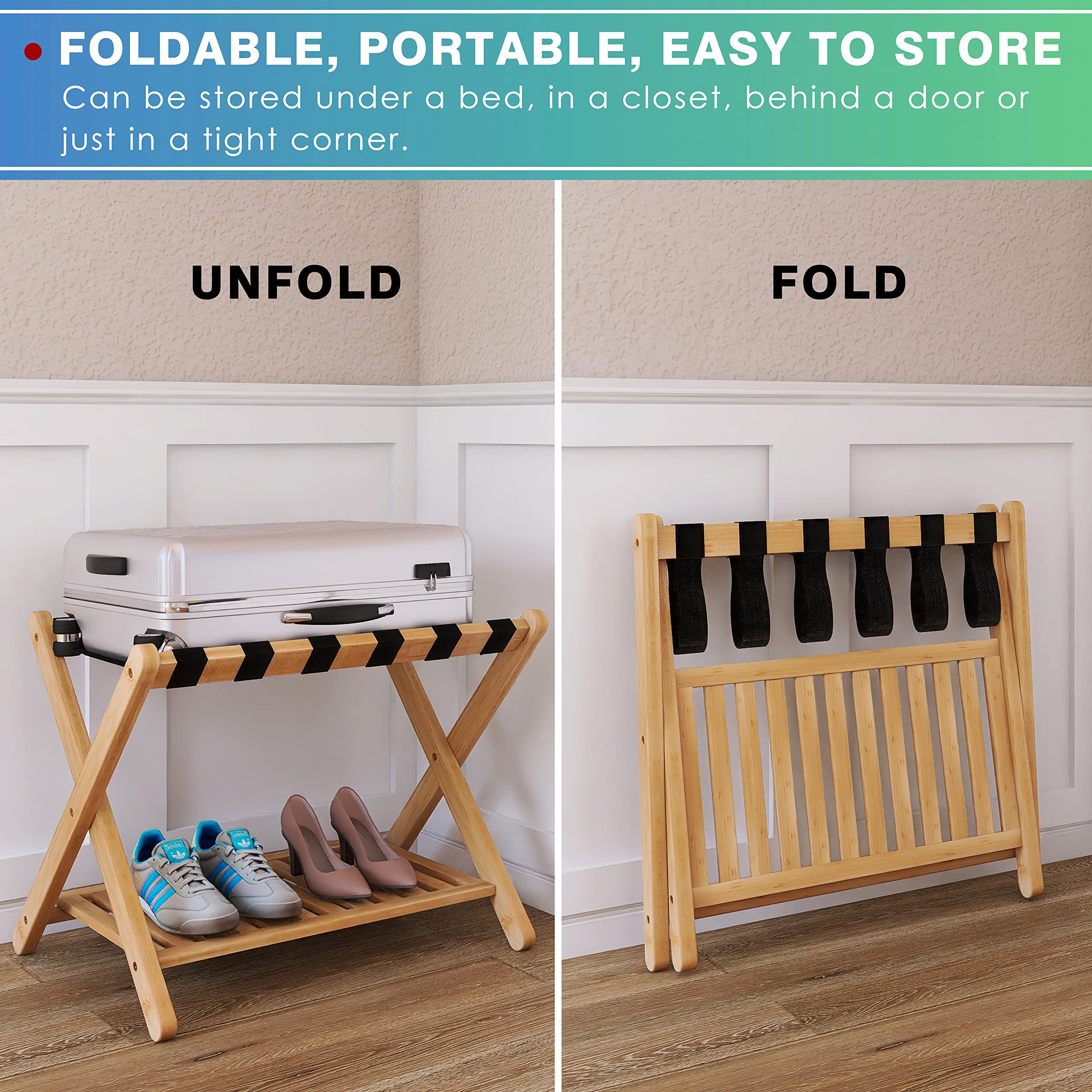 Smibuy Luggage Rack, Set Of 2, Foldable Bamboo Suitcase Stand With Storage Shelf For Guest Room, Bedroom, Hotel, Heavy-Duty (Nat