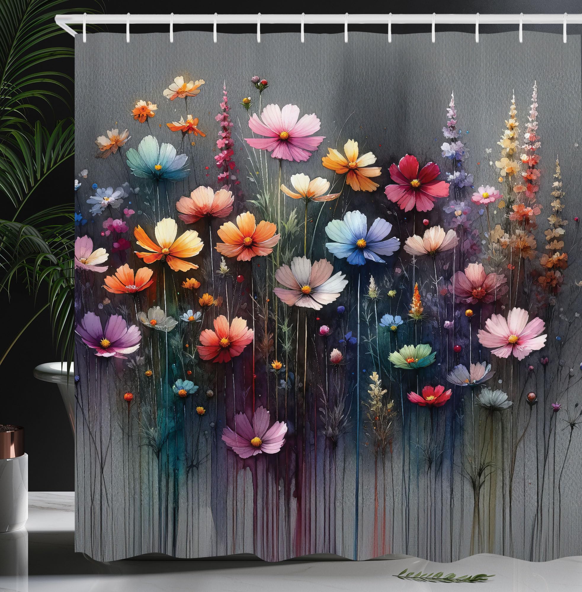 Ambesonne Floral Shower Curtain, Melancholic Bohemian Garden Composition With Abstract Lines Flowery Dream, Cloth Fabric Bathroo