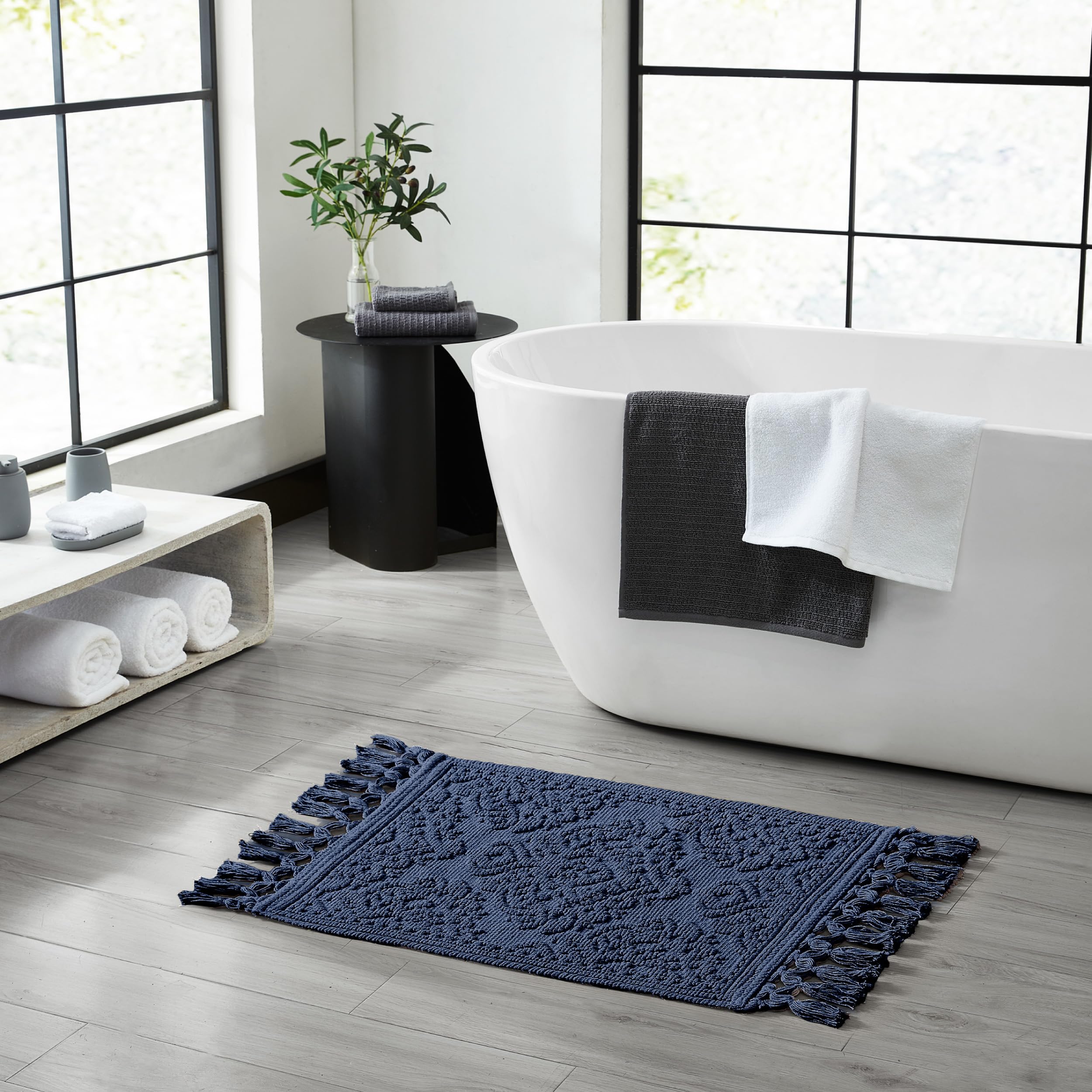 Jean Pierre - Ricardo Bath Mat, Woven Fringe Bathroom Rugs, 100% Cotton, Premium Bathroom Decor - Measures 17'' X 31'' - Indigo