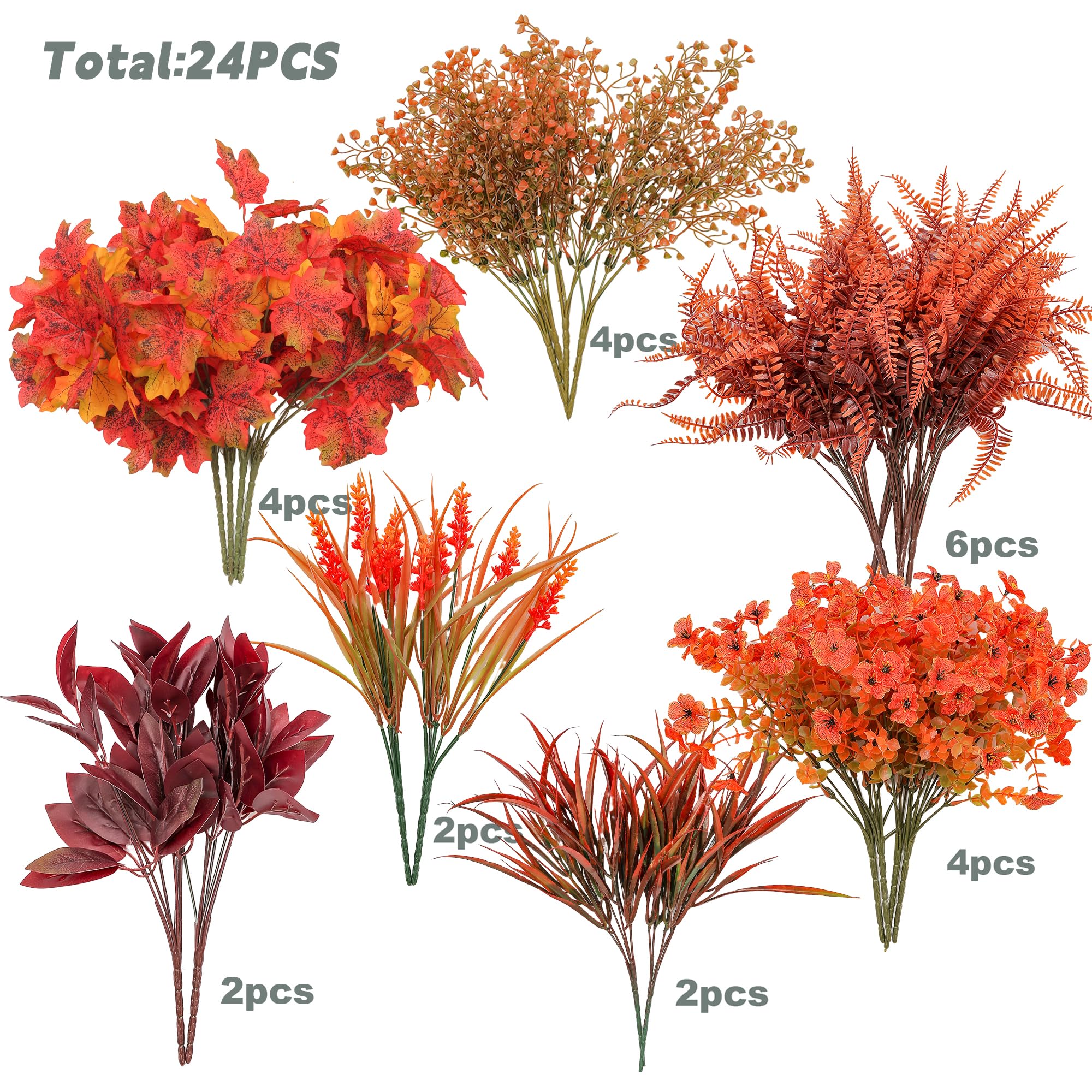 24 Bundles Fall Flowers Artificial for Decoration, Artificial Mums for Outdoor Maples Flowers for Outside Garden Yard Window Fal