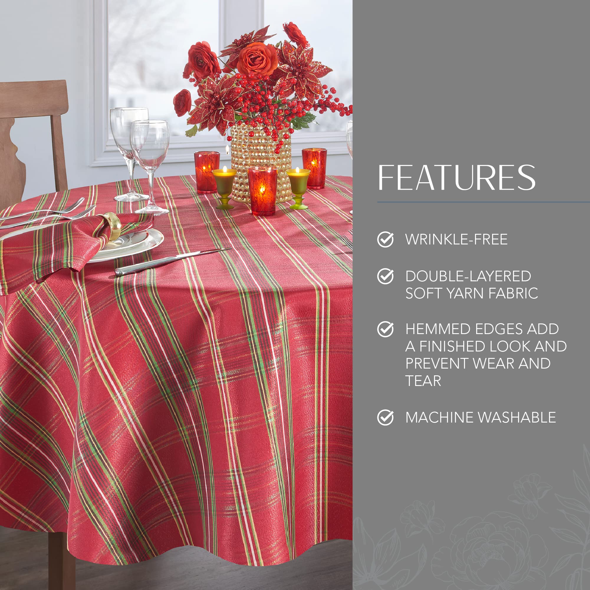Elrene Home Fashions Shimmering Plaid Holiday Fabric Tablecloth, 70'' Round, Red