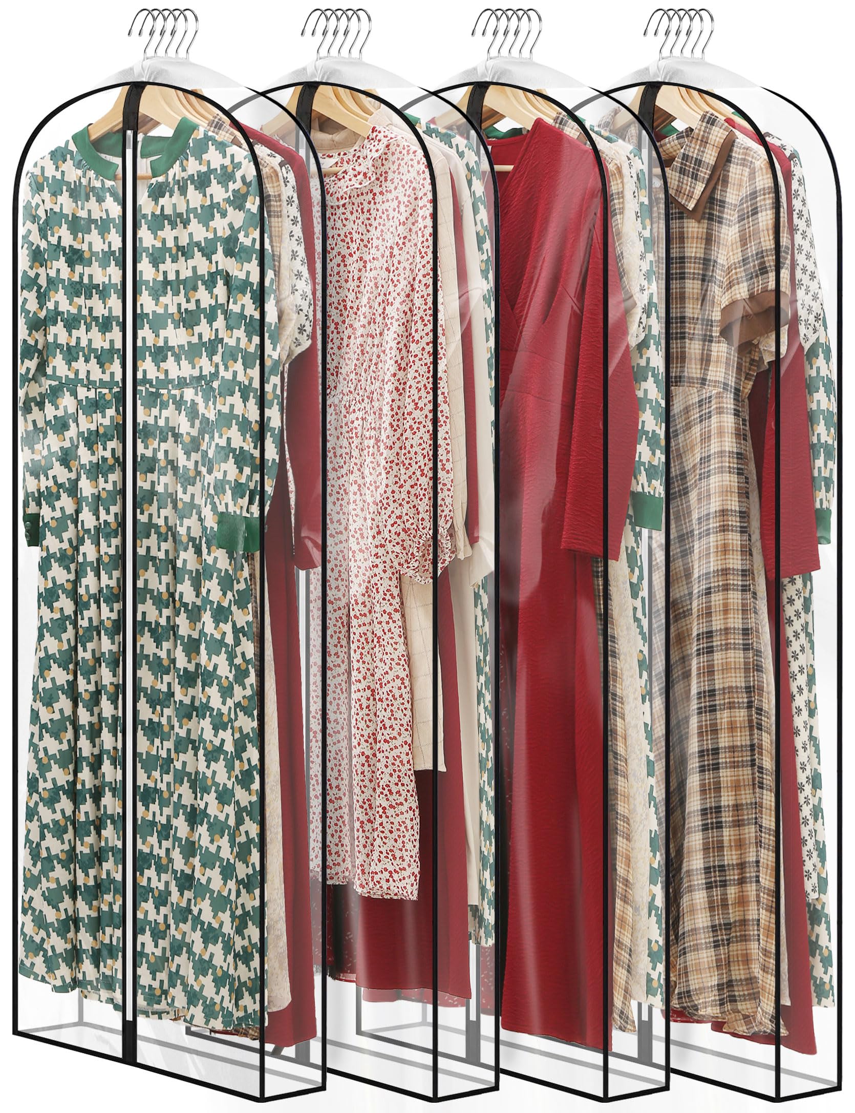 Perber 60'' All Clear Dress Bags For Gowns Long, 4'' Gusseted Garment Bags For Hanging Clothes, Womens Dress Garment Bag With Zi