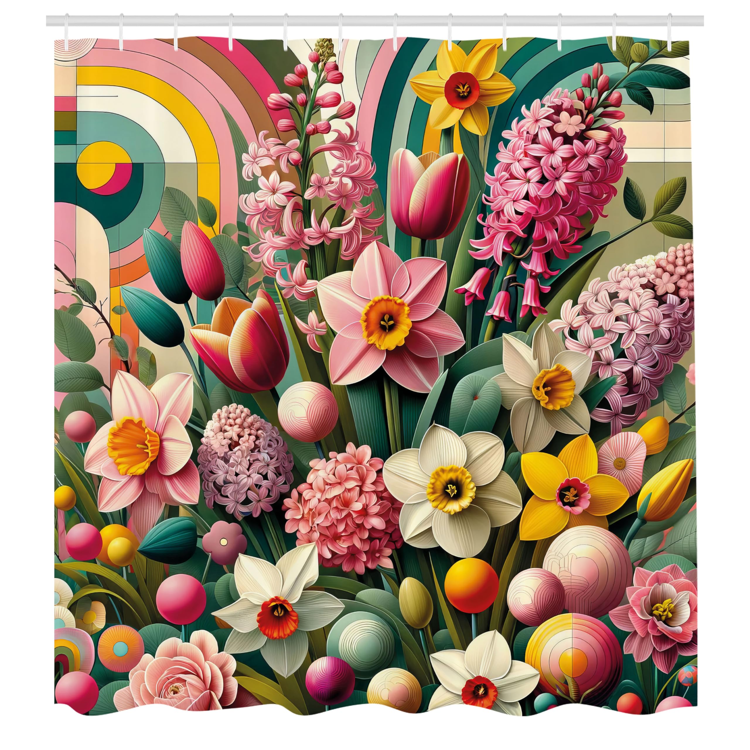 Ambesonne Spring Shower Curtain, Colorful Design Leafy Scenario Of Floral Garden With Funky Back Dreamy, Cloth Fabric Bathroom D