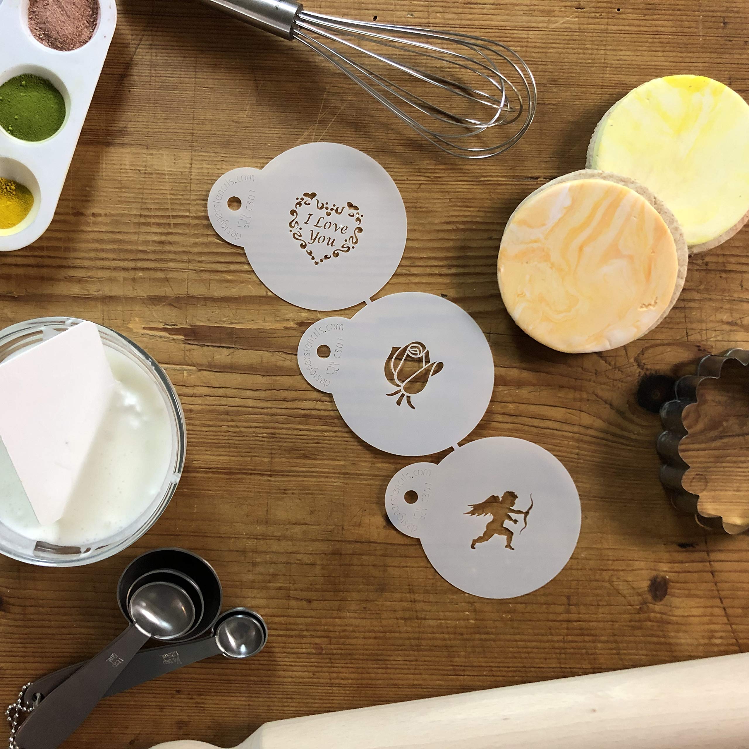 Designer Stencils I Love You Cupcake And Cookie Stencil (Small), (Cupid, Rose, Heart), Beige/Semi-Transparent