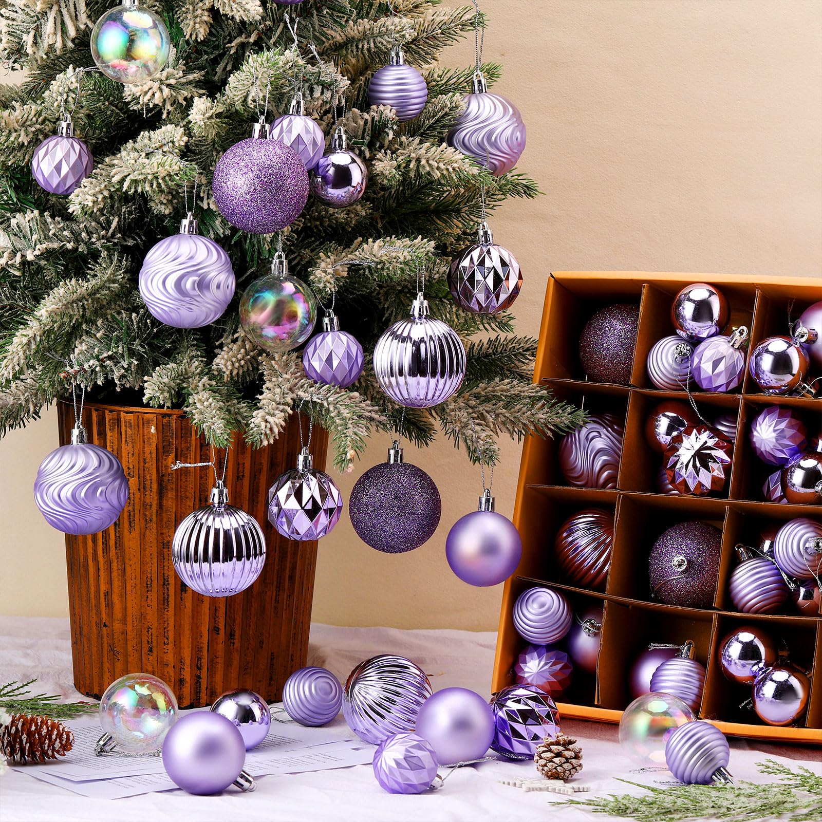 Lunmon 64 Pcs Lilac Purple Christmas Ball Ornaments Lavender Purple Christmas Ornaments Shatterproof Xmas Tree Decorations Set 1