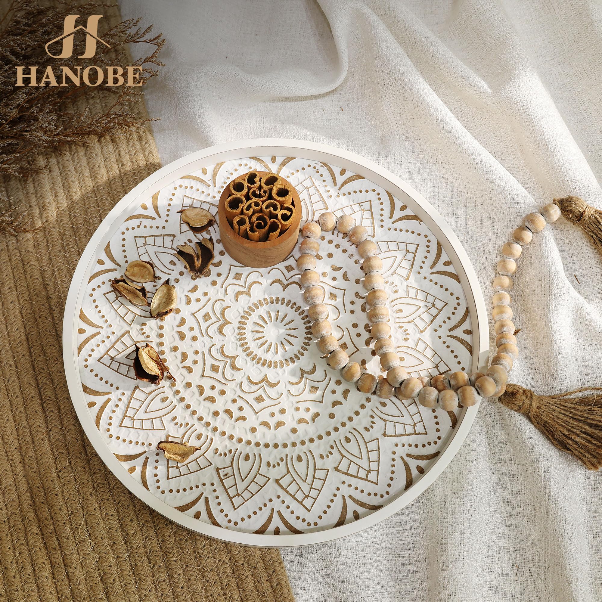 Hanobe Round Decorative Coffee Tray: Rustic White Table Tray Decor Farmhouse Centerpiece Wood Circle Tray Floral Serving Trays for Kitchen Counter Boho Ottoman Tray for Home