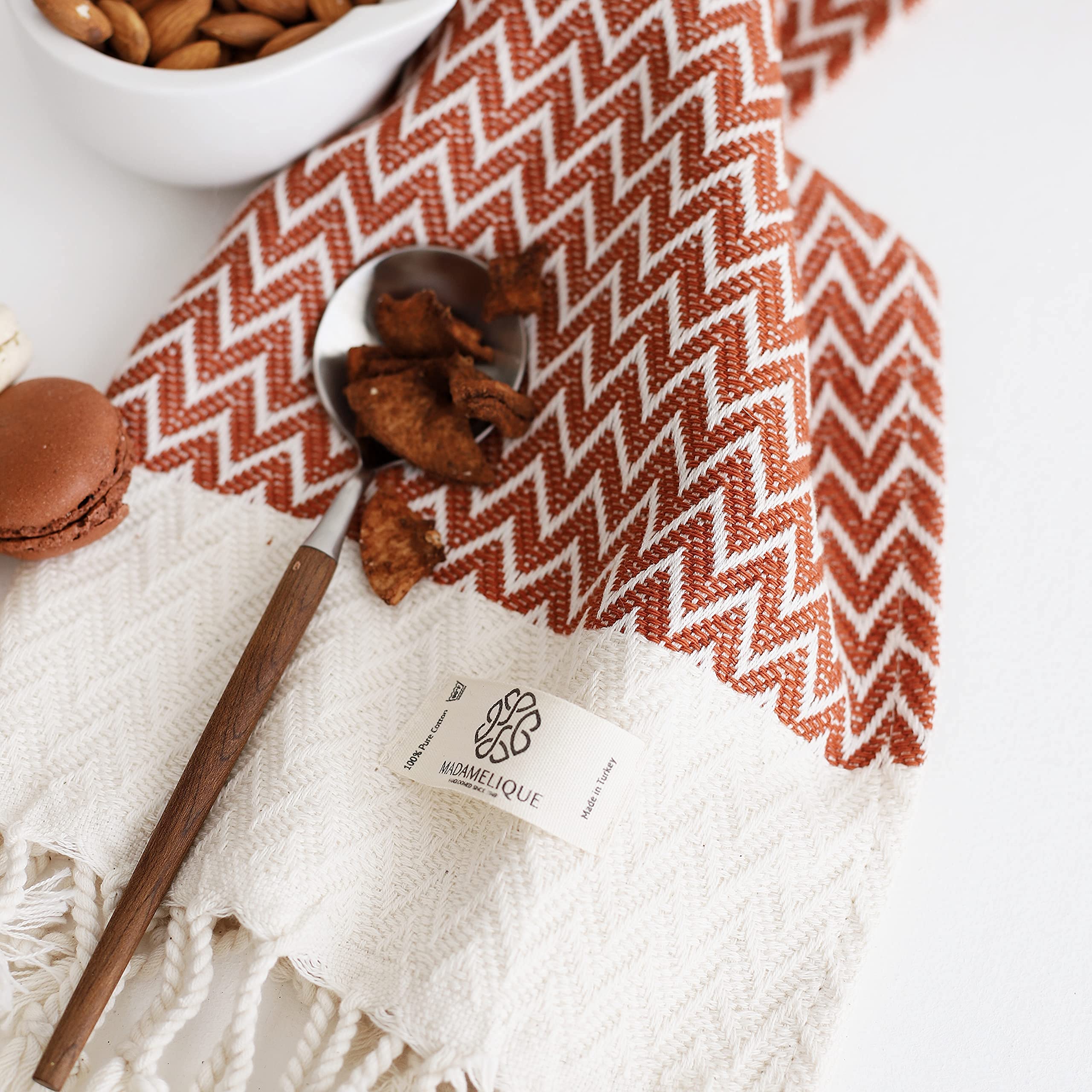 Madamelique Exclusive Hand Towels Set of 2-18 x 40 Inches - Decorative Bathroom Peshtemal Towel for Hand  Face  Hair  Yoga  Tea  Dishcloth  Kitchen and Bath - 100% Pure Cotton (Terracotta)