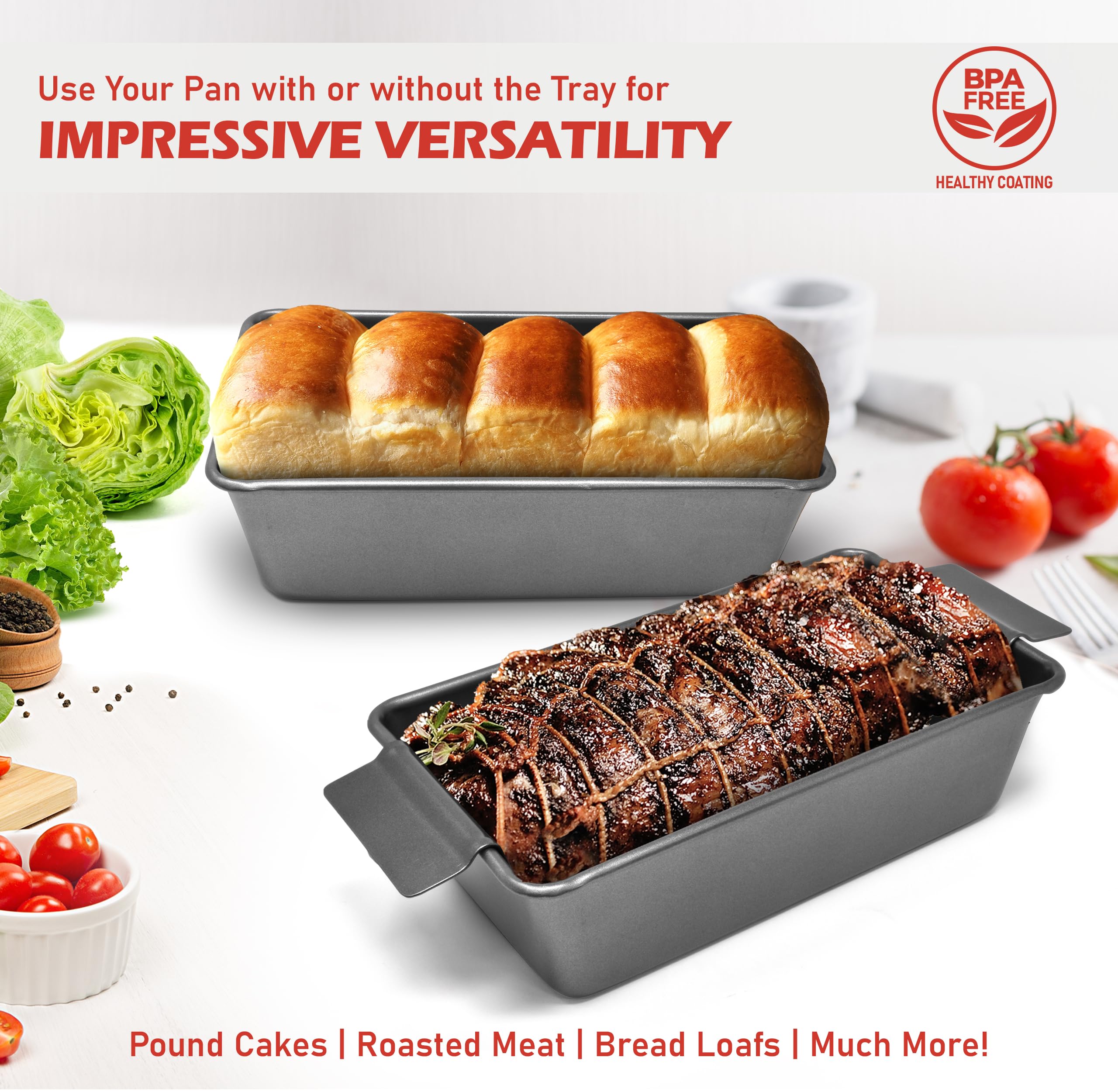 PERLLI Nonstick Meat Loaf Pan Set with Drip Tray, High-Carbon Steel, 9.8 x 5.7 In., Gray, BPA-Free, Ideal for Baking & Ro