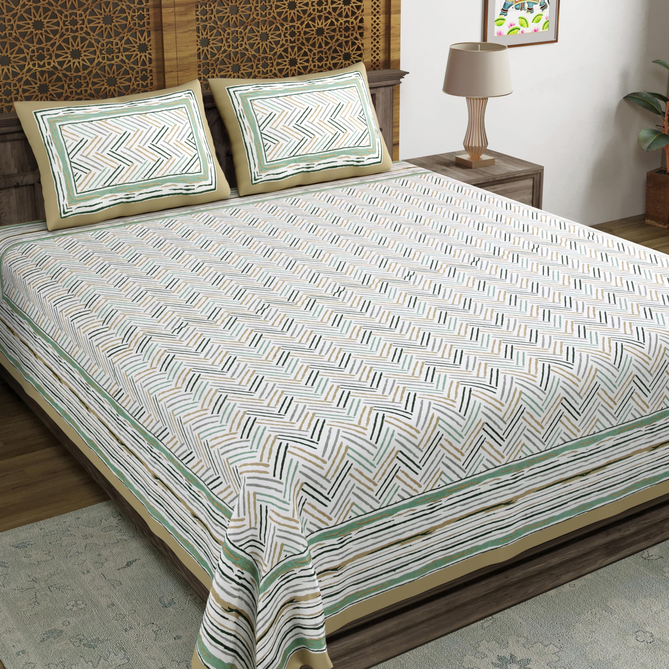Blocks Of India Hand Block Printed 200 Tc Cotton Super King Size Bedsheet(106 X 106) (Multi 11)